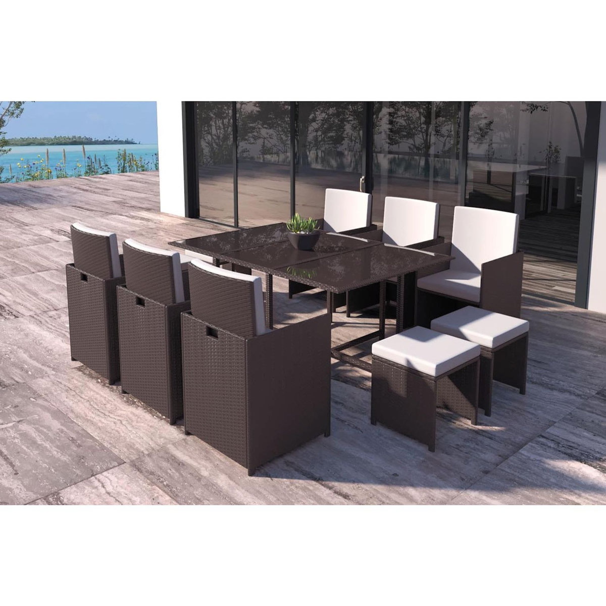 CONCEPT USINE Salon de jardin encastrable Marron-Blanc 10 places FLORIDA