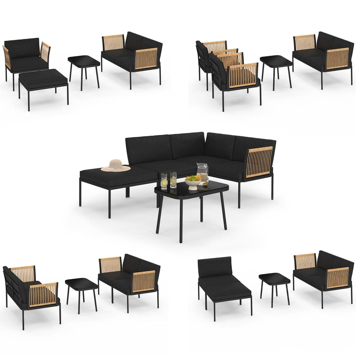 ID MARKET Salon de jardin bas RIO 4 places modulable structure métal noir, cordage effet rotin clair avec coussins noirs