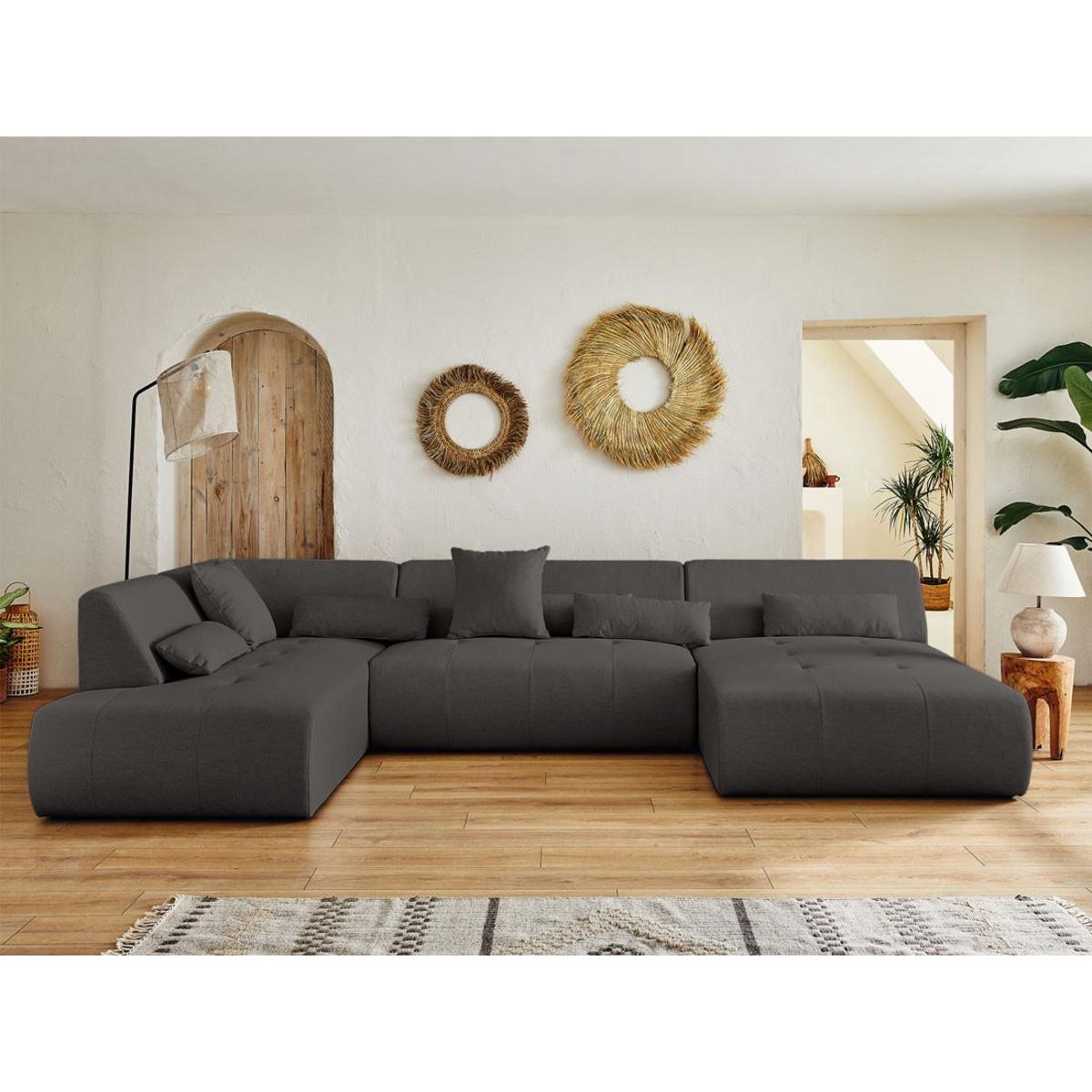 LISA DESIGN Onyx - canapé panoramique d'angle gauche 7 places - en tissu