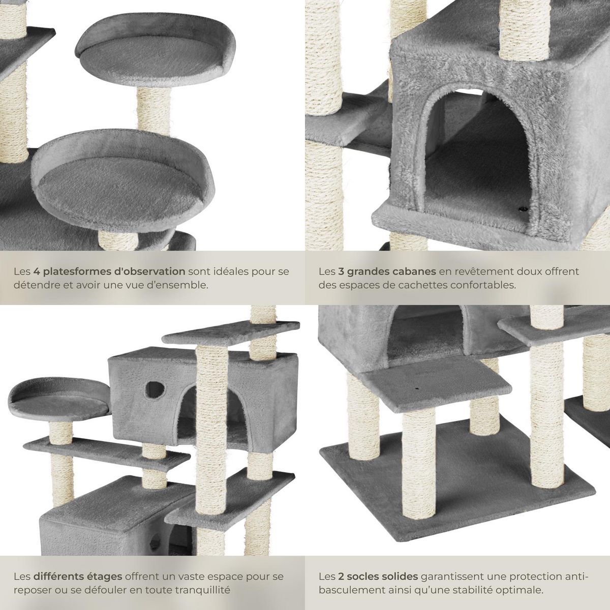 tectake Arbre à chat 214 cm avec griffoir et plateforme d'escalade gris