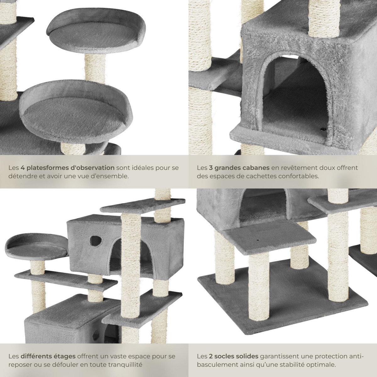 tectake Arbre à chat 214 cm avec griffoir et plateforme d'escalade gris