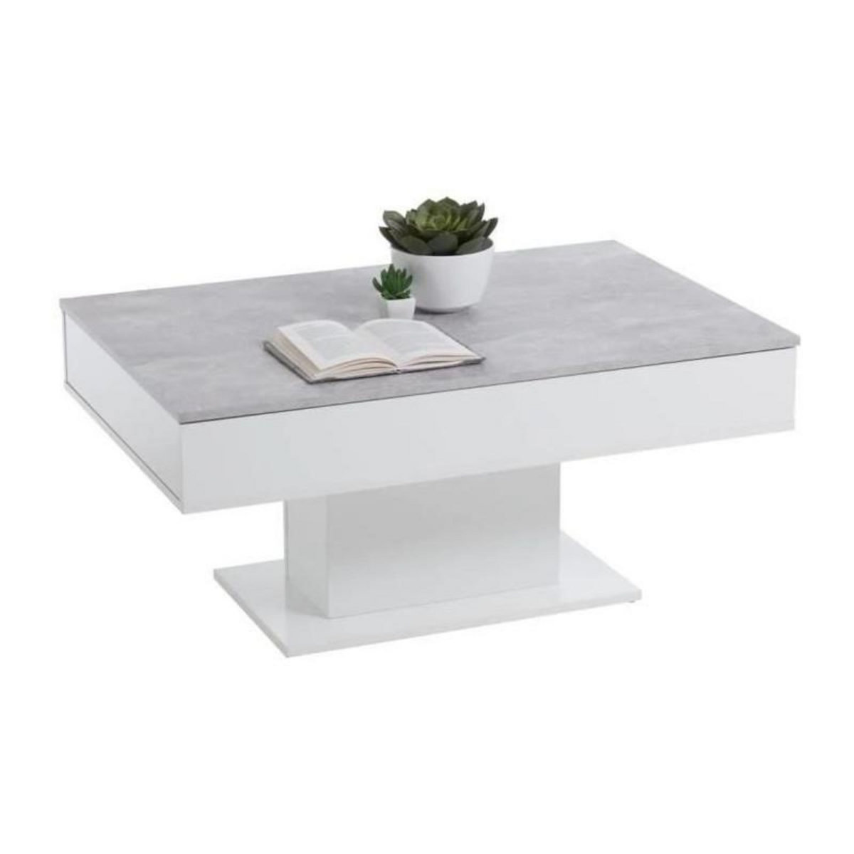 FMD Table basse bicolore avec plateau coulissant - Décor gris béton LA et blanc brillant - L100 x H46,1 x P65 cm - Fabriqué en Al