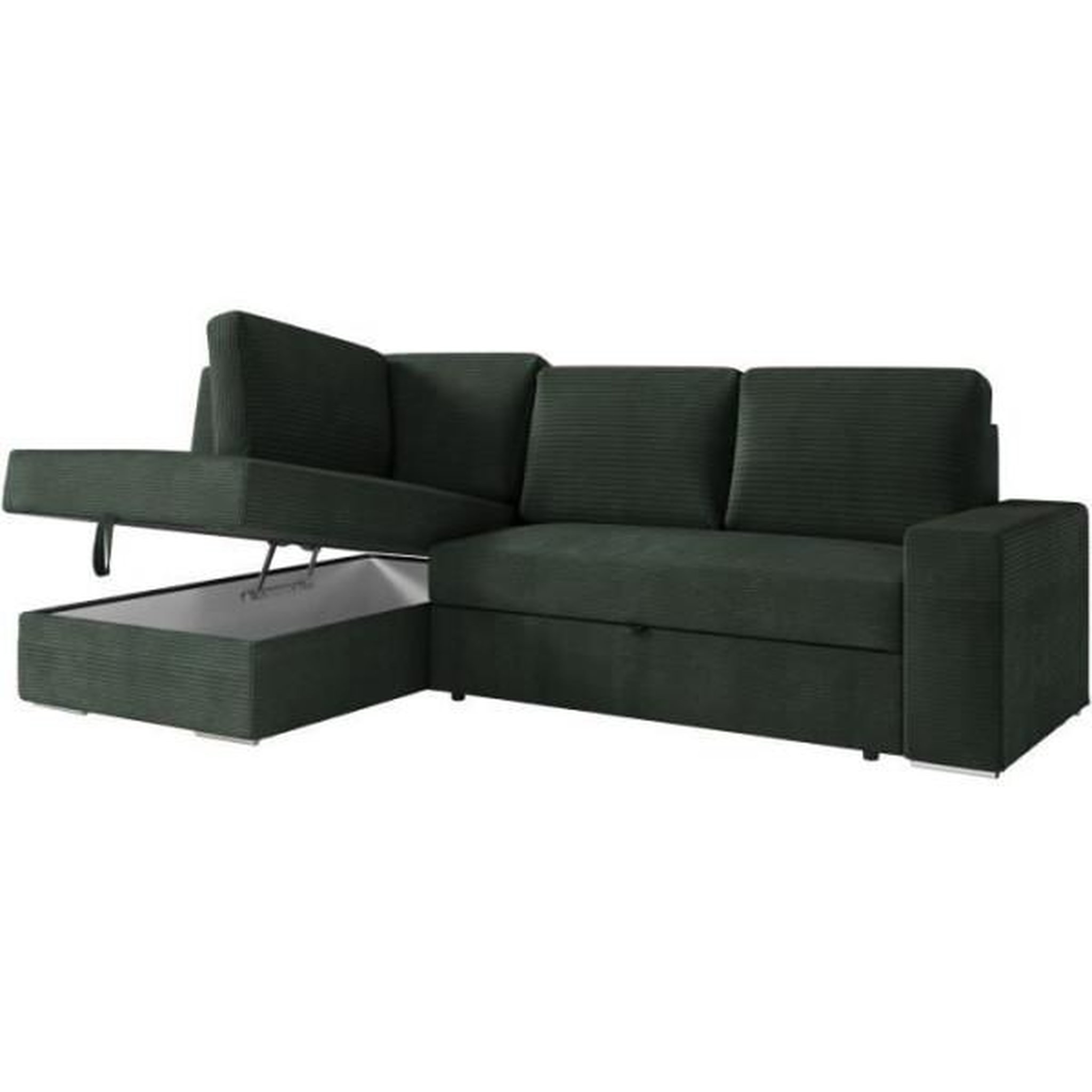 Voir la diapositive 5 : LOUNGITUDE Canapé d'angle gauche 3 places convertible ADEN avec coffre en velours côtelé - Vert foncé - L246 x P174 x H96cm - LOUNGITUD