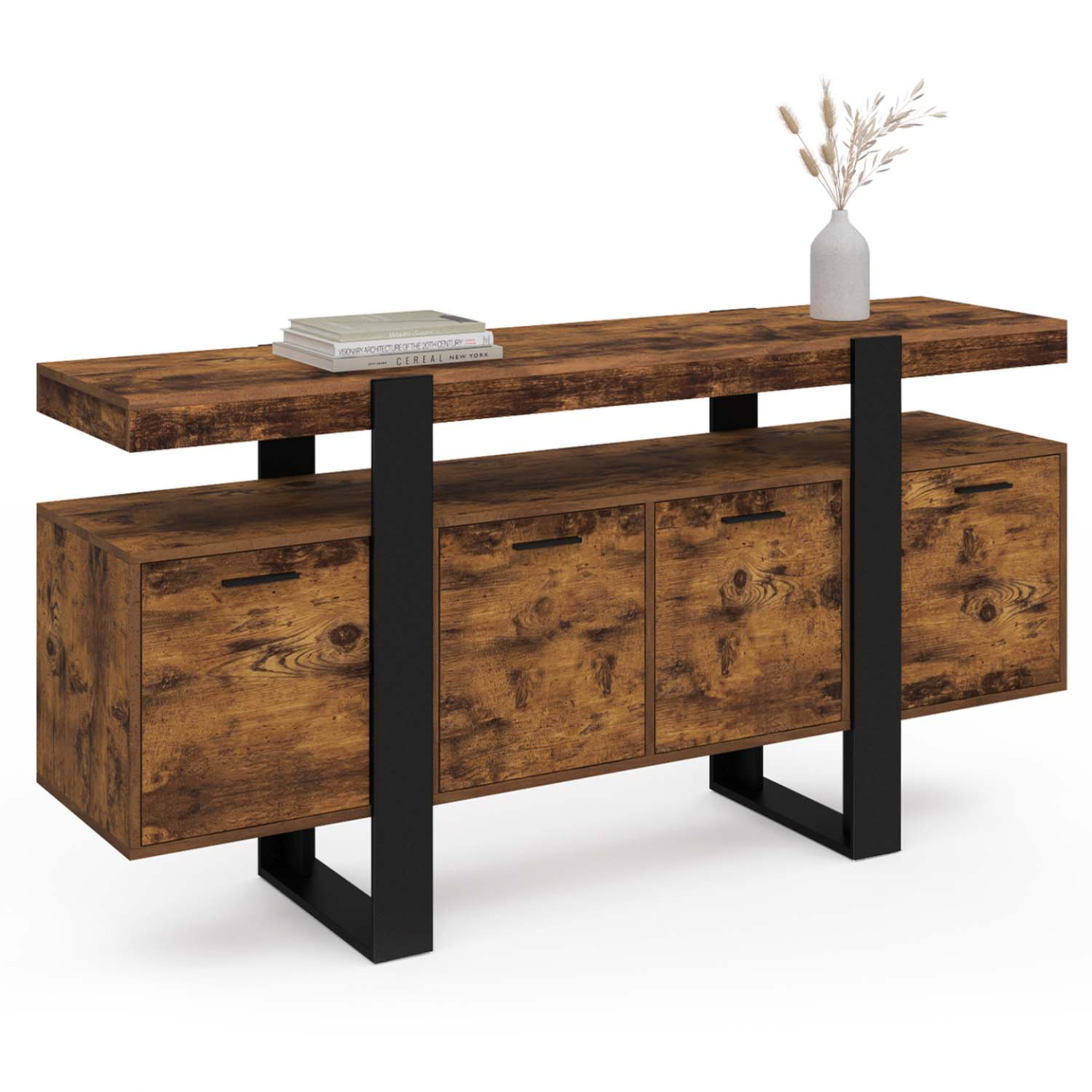 ID MARKET Buffet 160 cm phoenix xxl 4 portes bois effet vieilli et noir