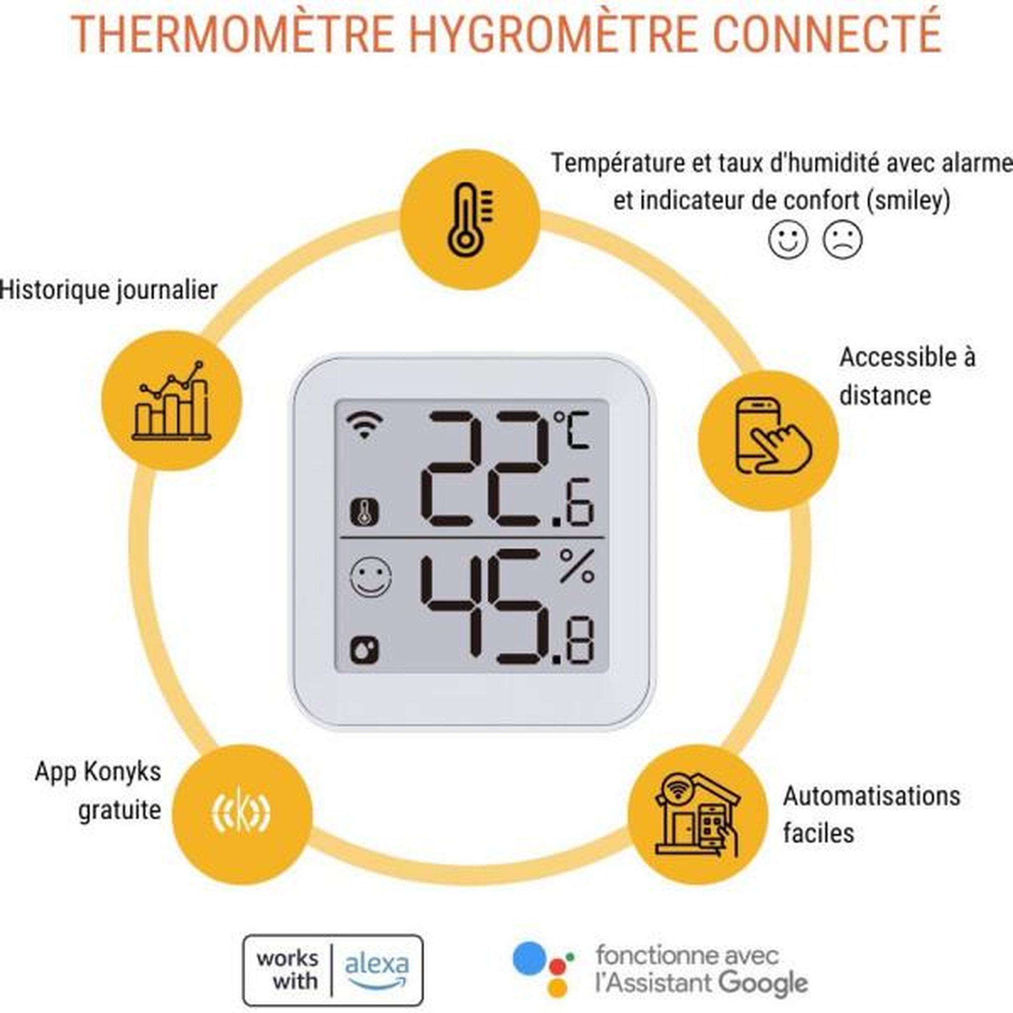 Voir la diapositive 4 : KONYKS Thermometre et hygrometre - konyks - termo 2 - intérieur - détecteur de température + humidité - wifi - grand écran - blanc