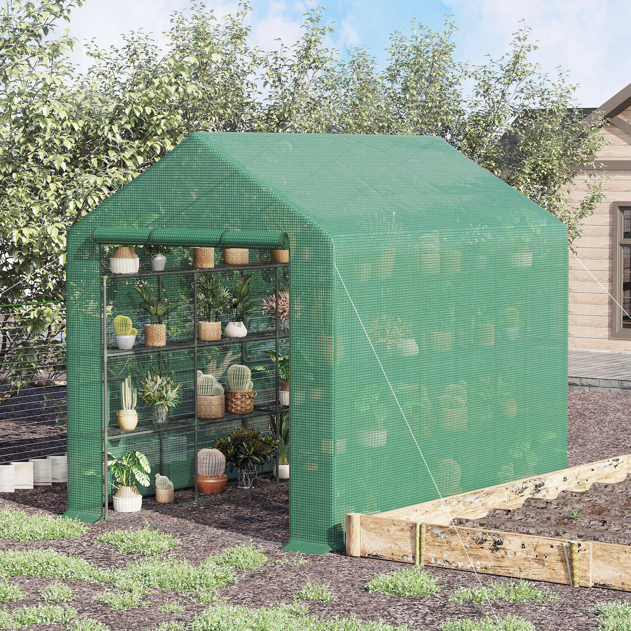 Voir la diapositive 2 : OUTSUNNY Serre de jardin 6 étagères dim. 244l x 180l x 210h cm porte enroulable acier noir bâche pe vert
