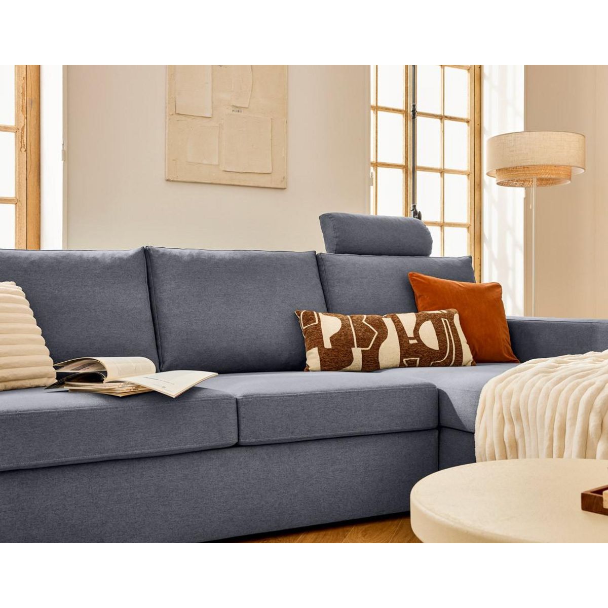 BEST MOBILIER Barrie - canapé d'angle réversible 4 places avec têtière amovible en tissu