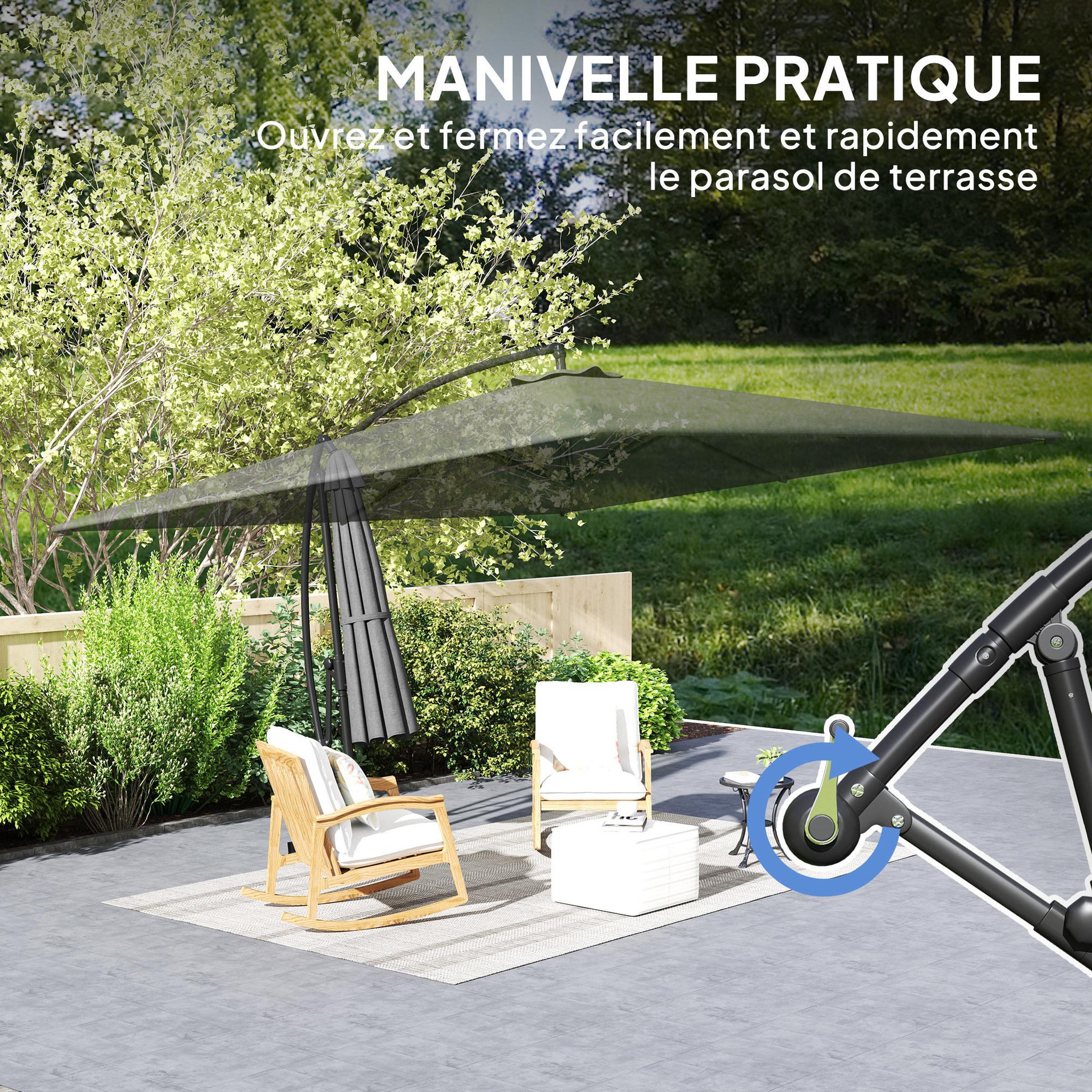 Voir la diapositive 6 : OUTSUNNY Parasol déporté rectangulaire grande taille dim. 3,55 x 3,9 m - inclinable, pivotant - manivelle, piètement en croix - gris