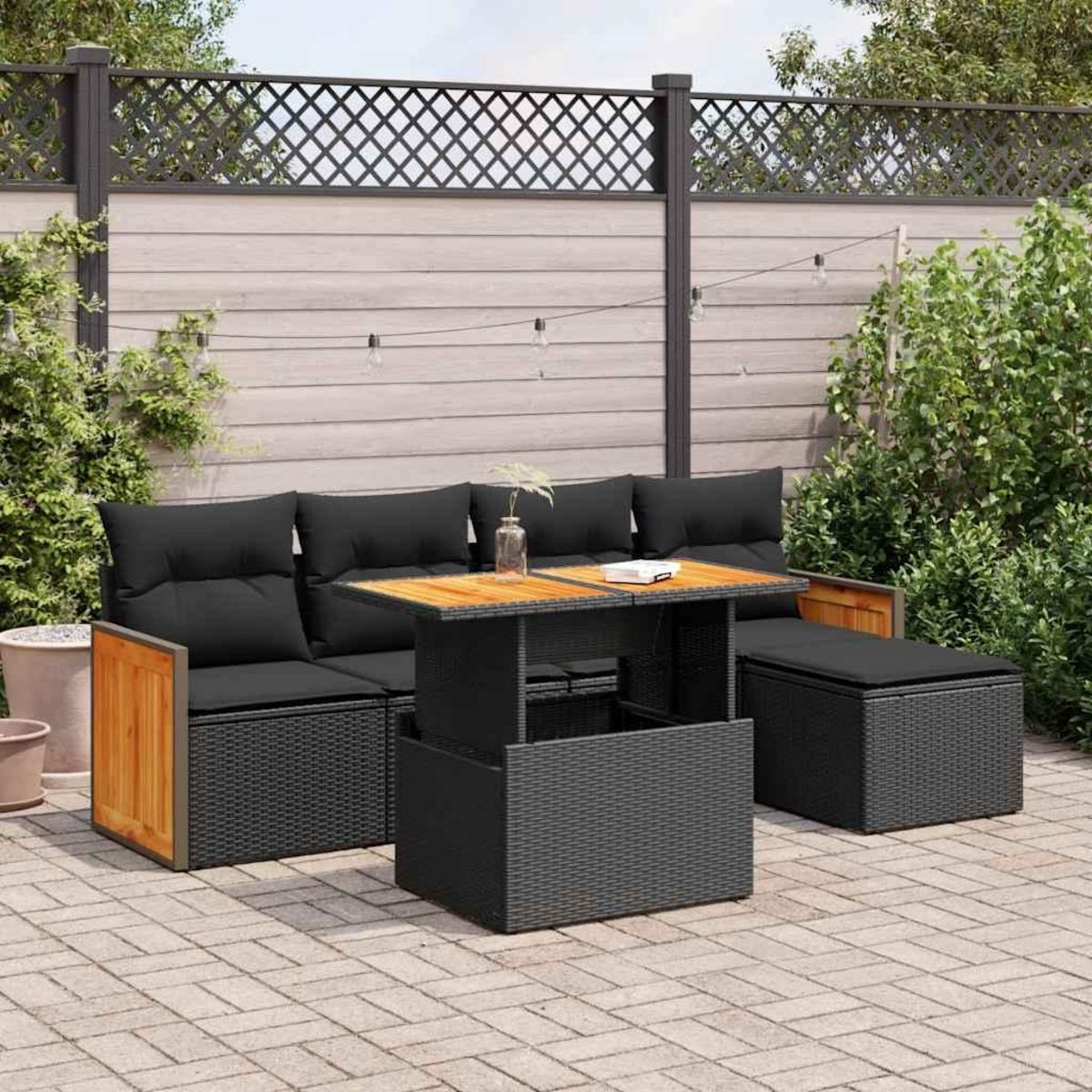 VIDAXL Salon de jardin 6 pcs avec coussins noir resine tressee acacia