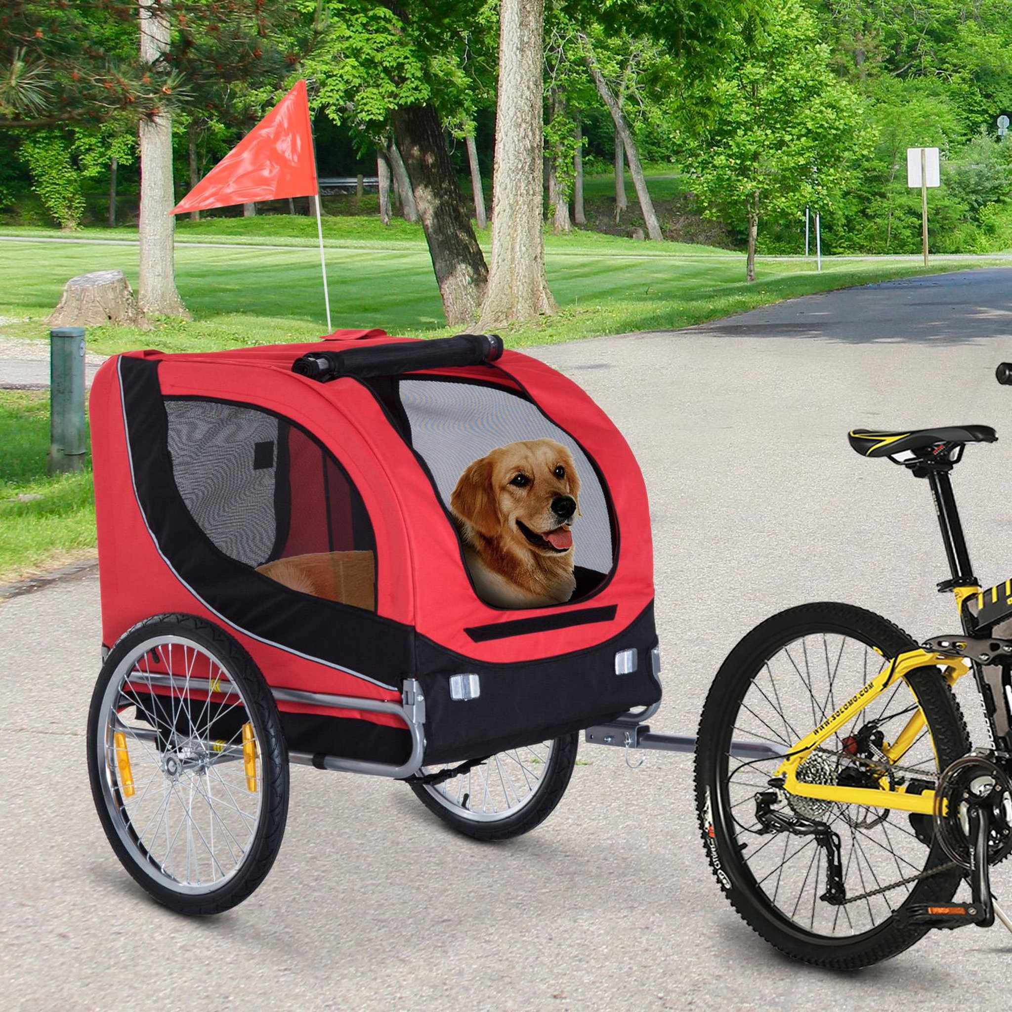 Voir la diapositive 2 : PAWHUT Remorque velo pour chien animaux avec 8 reflecteurs drapeau rouge noir