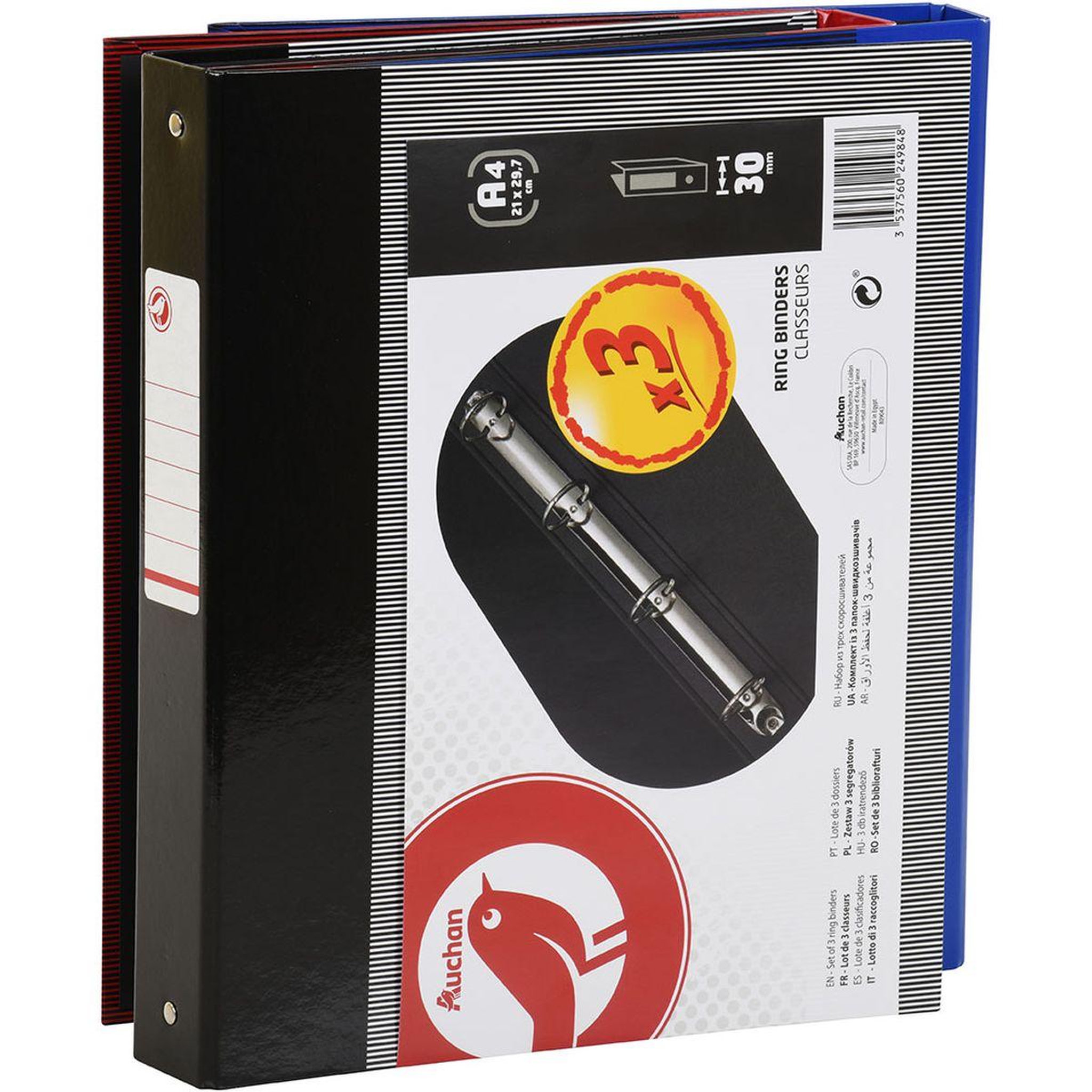 AUCHAN Lot de 3 classeurs A4 rigide dos 30mm papier pelliculé