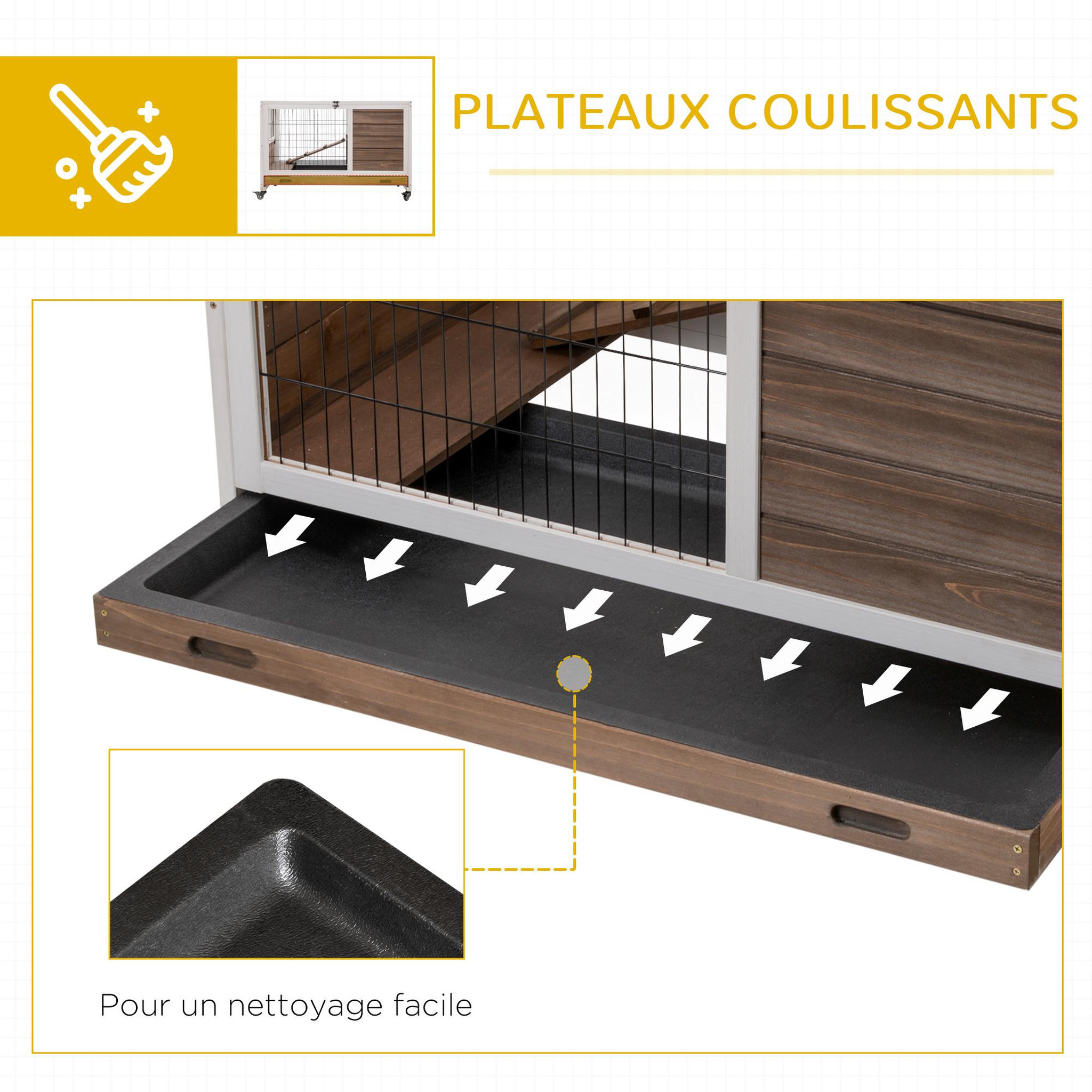 Voir la diapositive 6 : PAWHUT Clapier à lapin sur roulettes cage à lapin 2 étages porte verrouillable toit ouvrant plateau coulissant rampe bois de sapin marron blanc