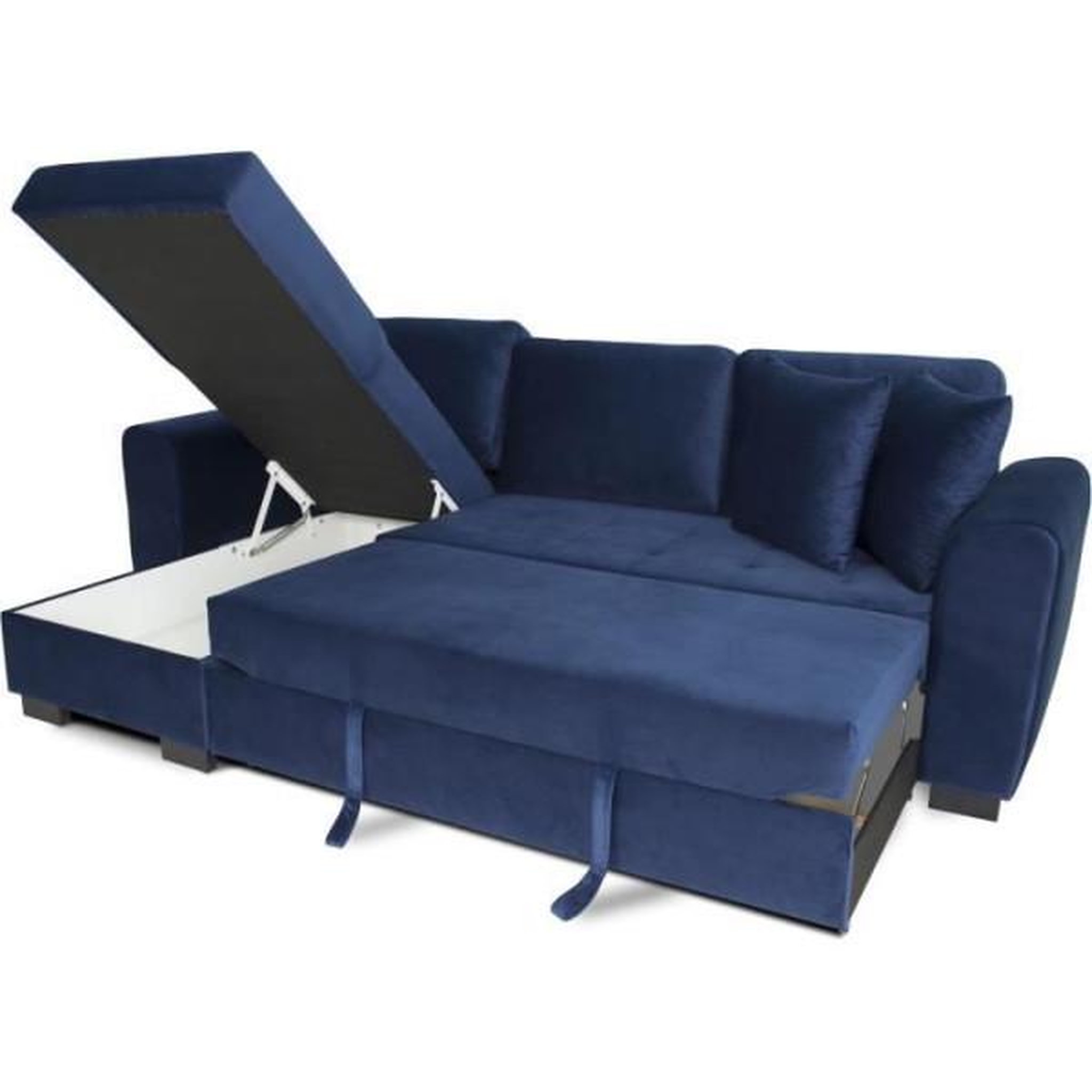 Voir la diapositive 3 : MARKET24 Canapé d'angle convertible HAMILTON 4 places - Tissu velours bleu - L 245 x P 140 x H 86 - Coffre de rangement