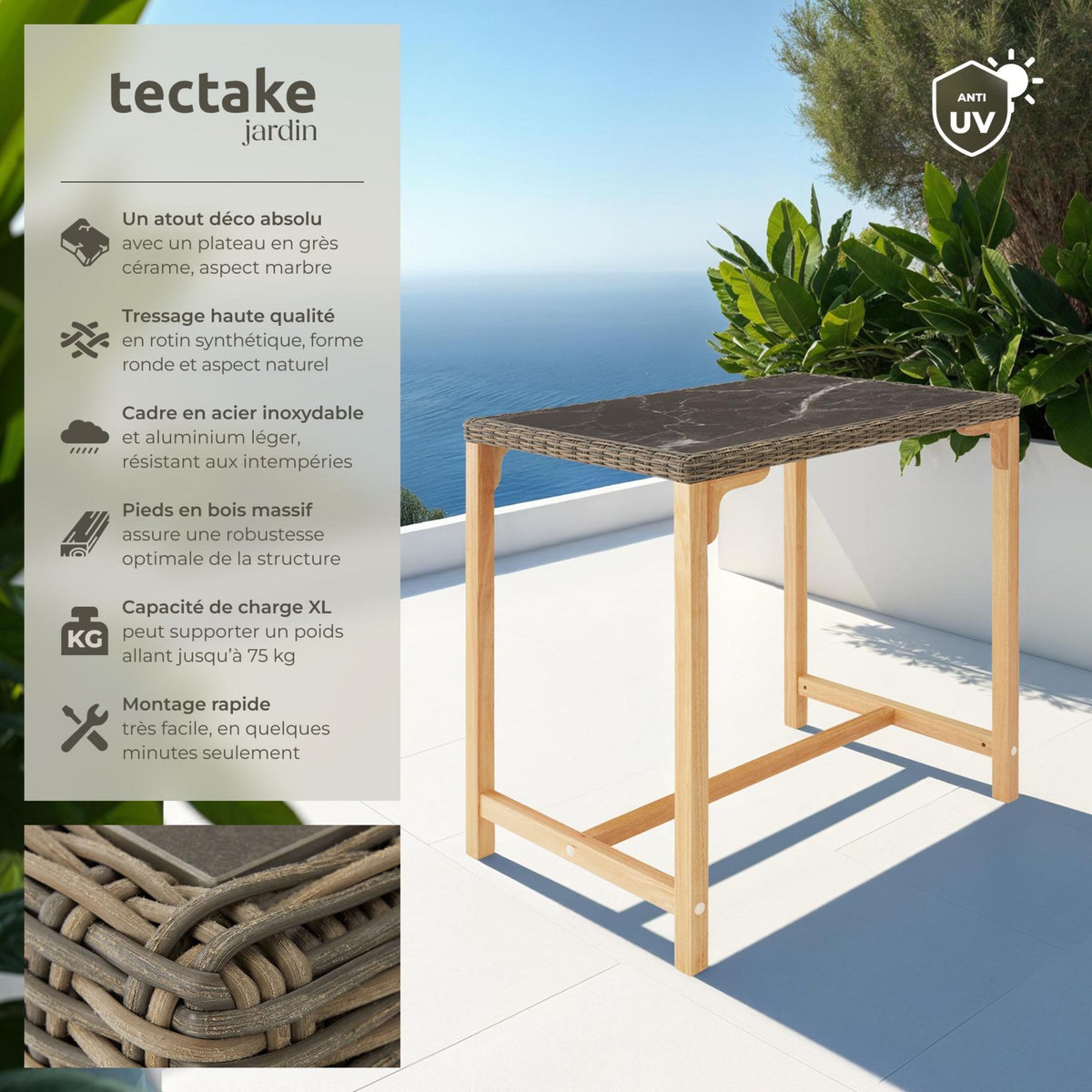 tectake Table de bar en rotin avec cadre en aluminium et bois marron naturel