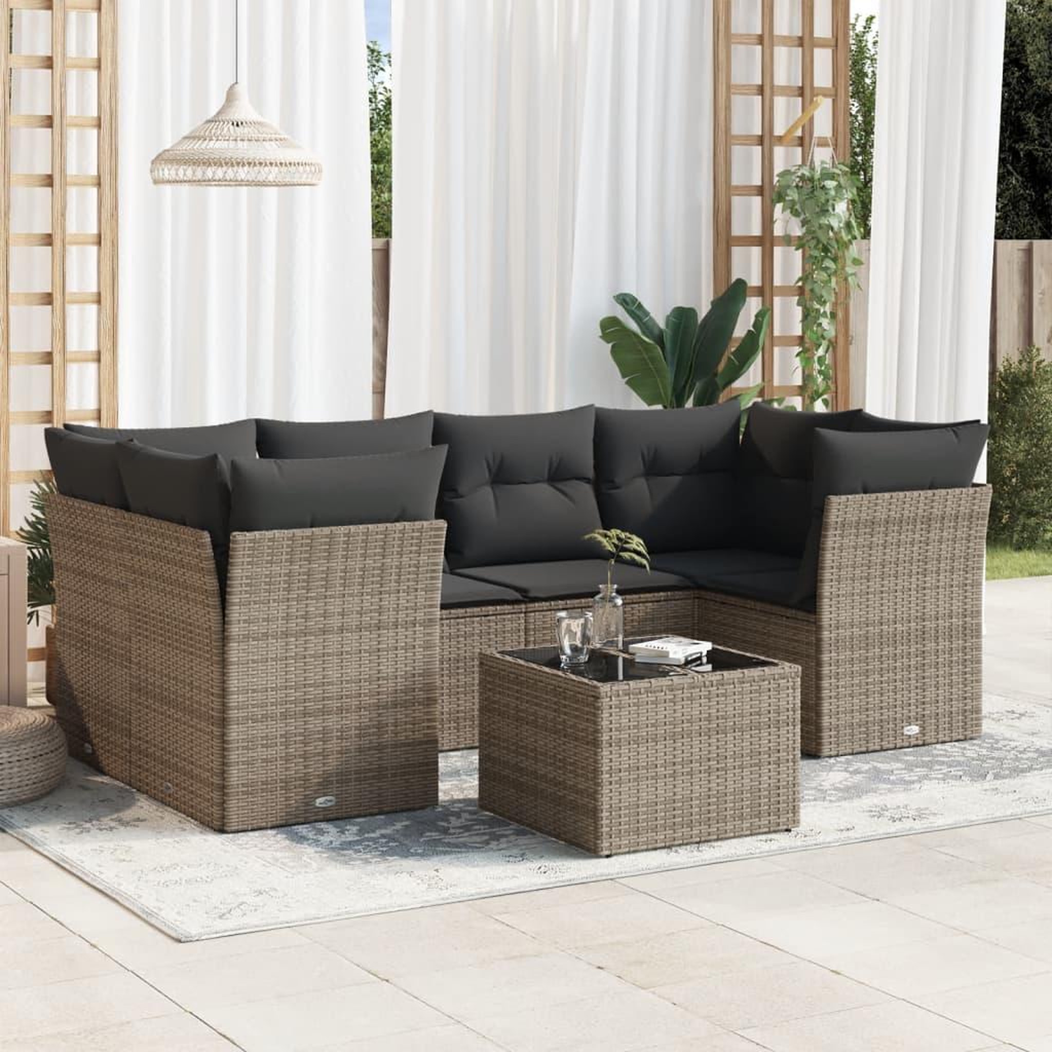VIDAXL Salon de jardin avec coussins 7 pcs gris resine tressee