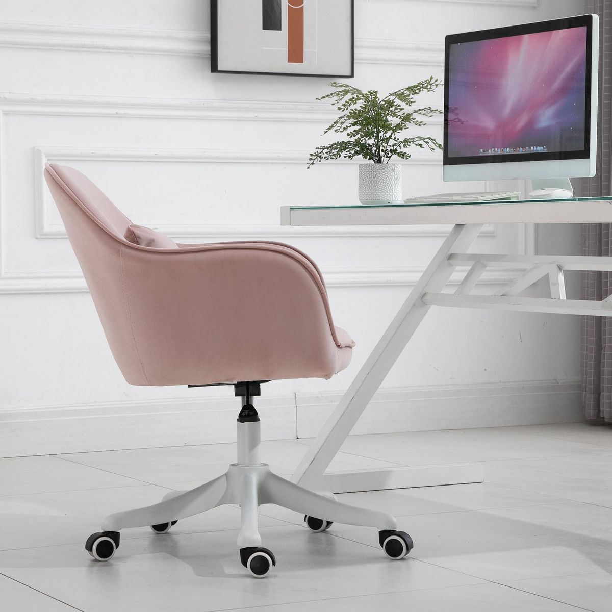 HOMCOM Chaise de bureau velours fauteuil bureau massant coussin lombaire intégré hauteur réglable pivotante 360° rose poudré