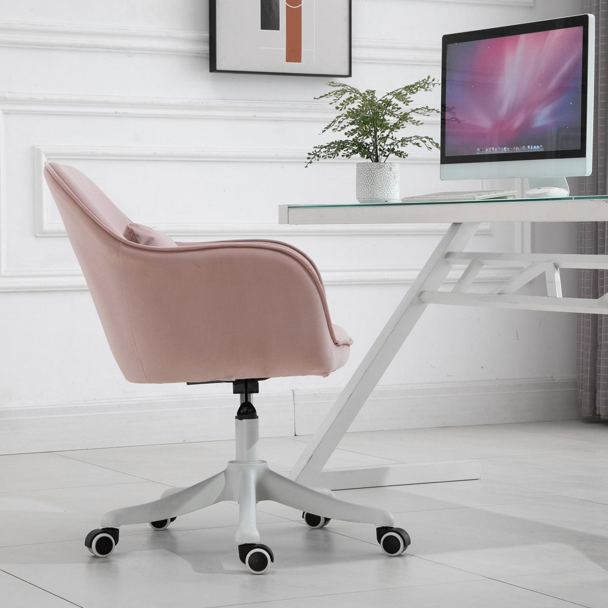 HOMCOM Chaise de bureau velours fauteuil bureau massant coussin lombaire intégré hauteur réglable pivotante 360° rose poudré