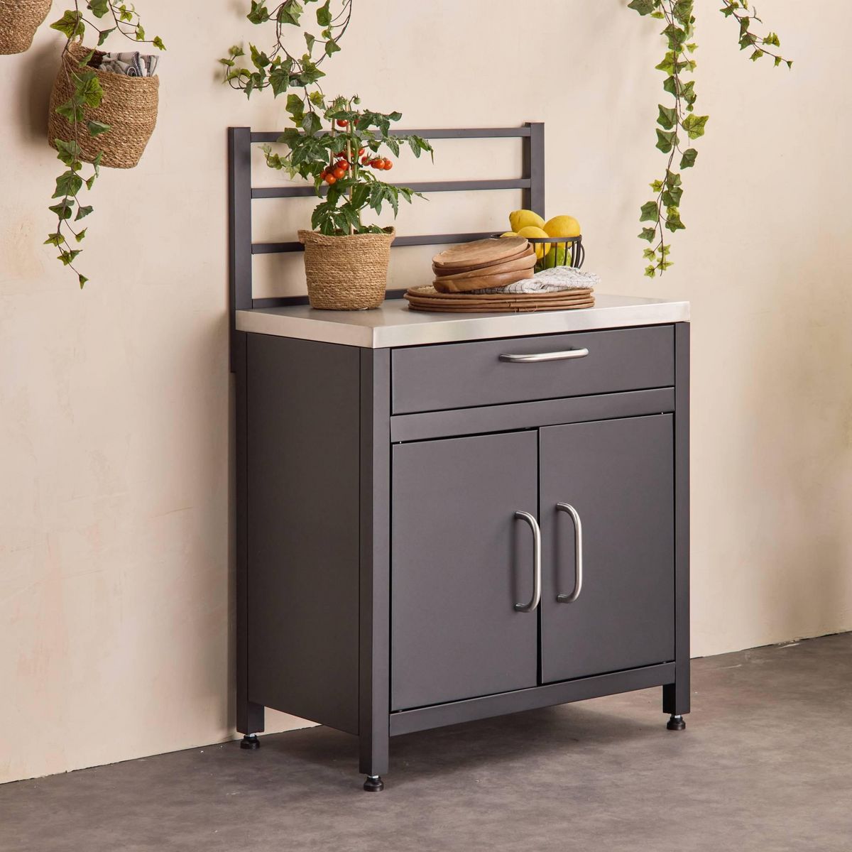 SWEEEK Meuble de cuisine extérieure en acier avec 1 tiroir et 1 porte et 1 grille de suspension L80