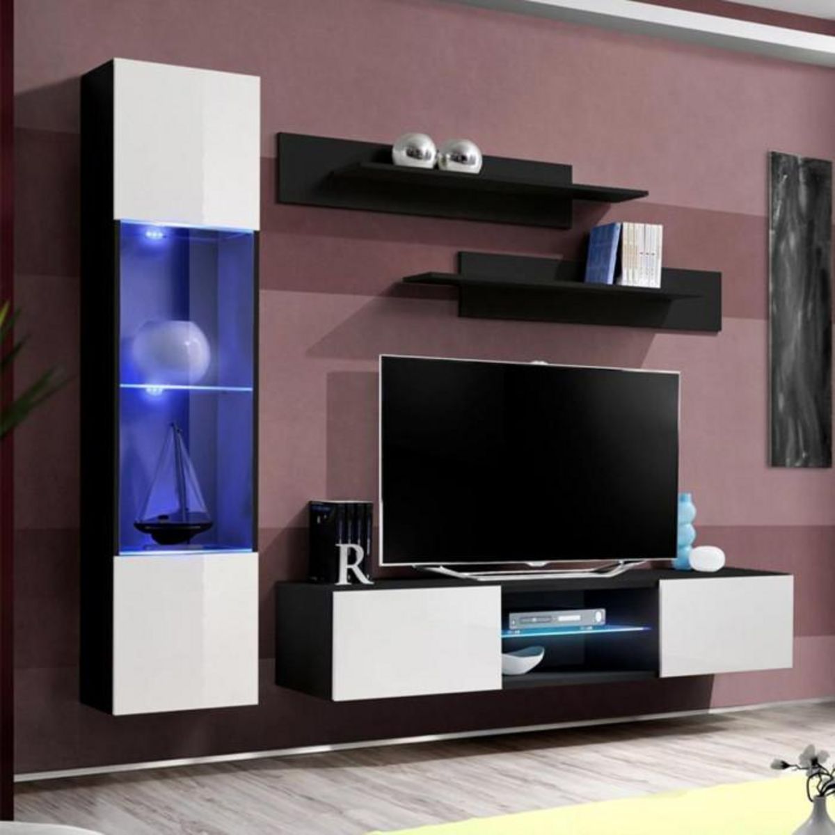 Paris Prix Meuble TV Mural Design  Fly XXII  210cm Blanc & Noir