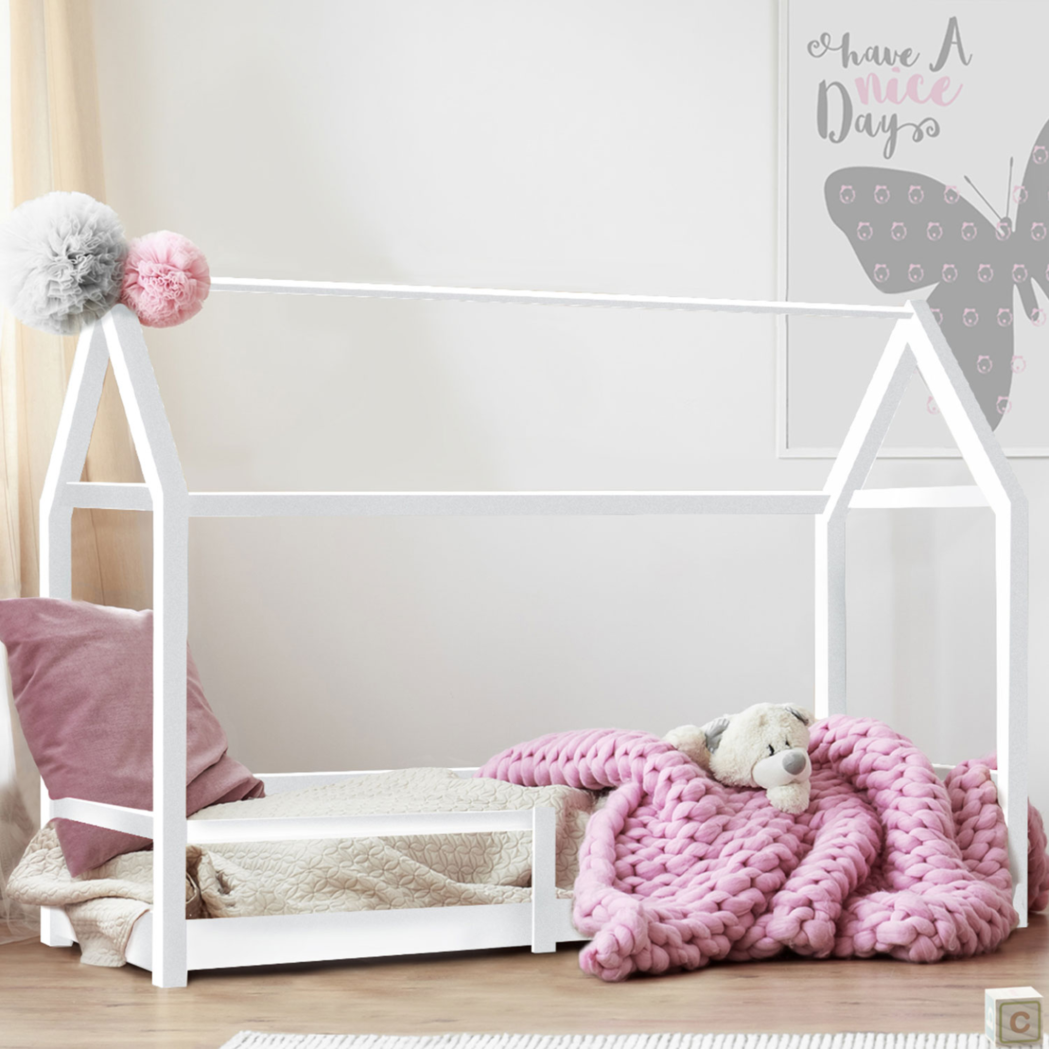 Voir la diapositive 2 : ID MARKET Lit cabane enfant 90 x 190 cm nessi blanc avec sommier et barrières