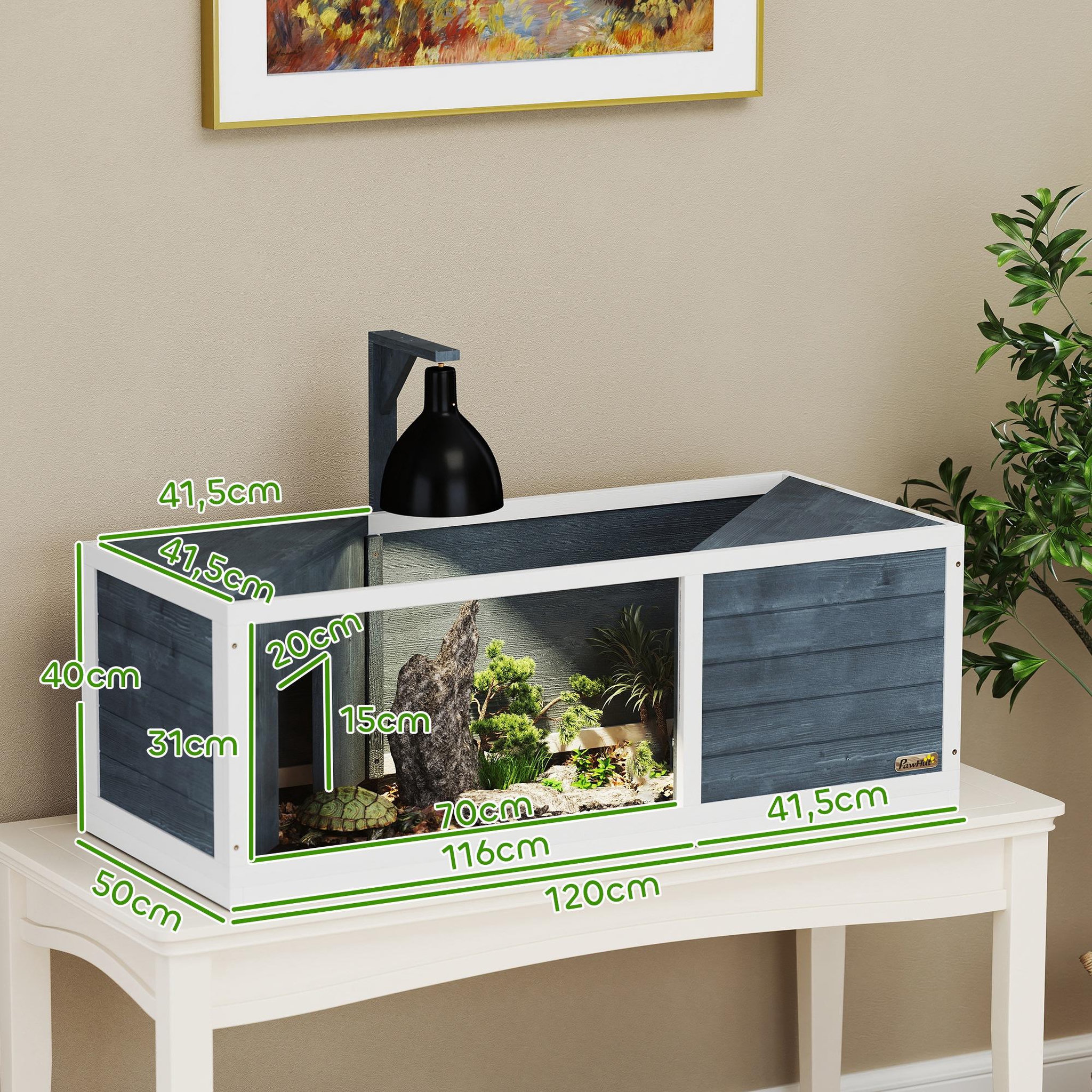 Voir la diapositive 3 : PAWHUT Maison enclos pour tortues - 2 niches et enclos - 2 toits ouvrants - bois blanc gris