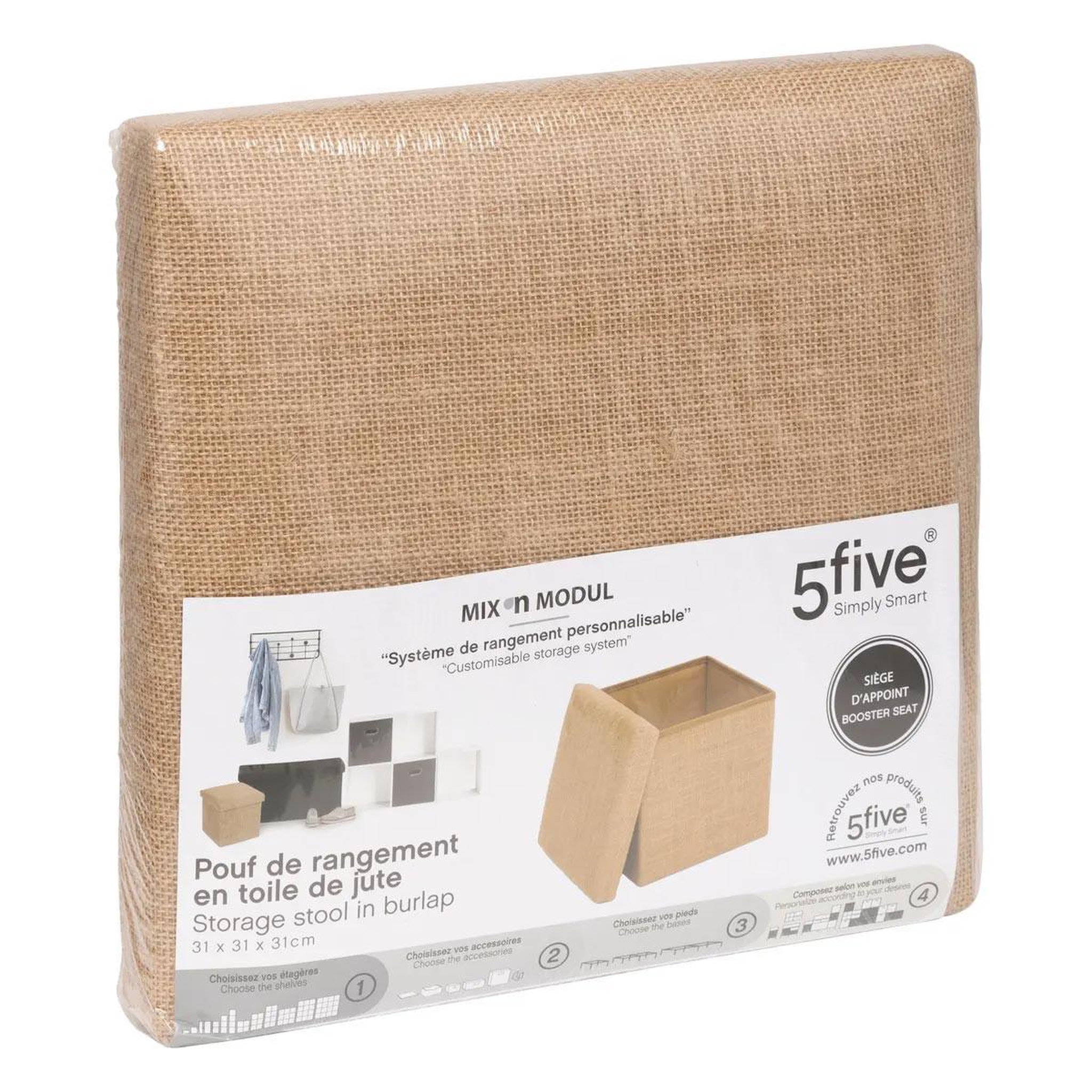 Voir la diapositive 5 : FIVE Pouf coffre pliant  toile de jute  31cm naturel