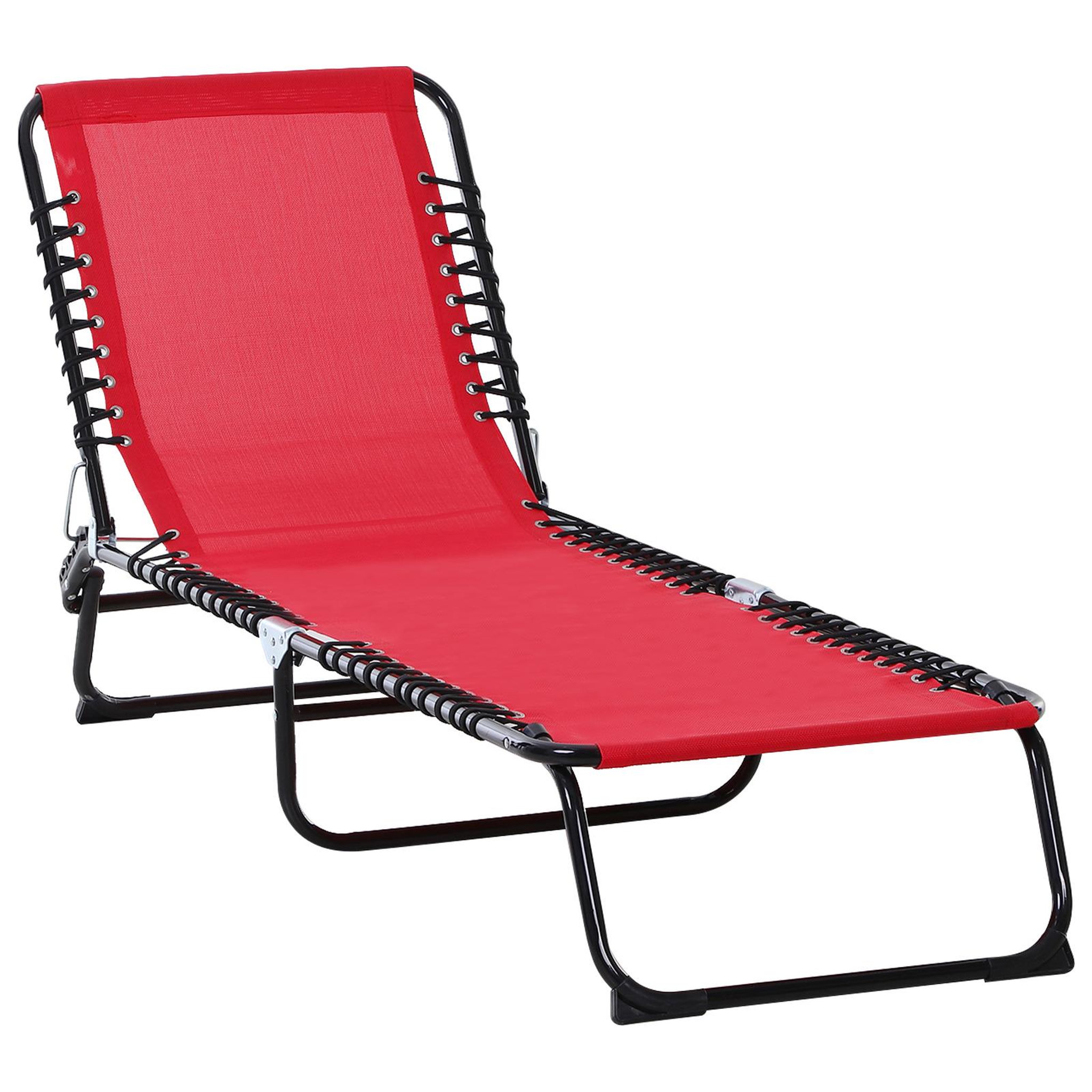 Voir la diapositive 1 : OUTSUNNY Bain de soleil transat pliable dossier inclinable multi-positions acier thermoplastique lacets élastiques noir textilène rouge