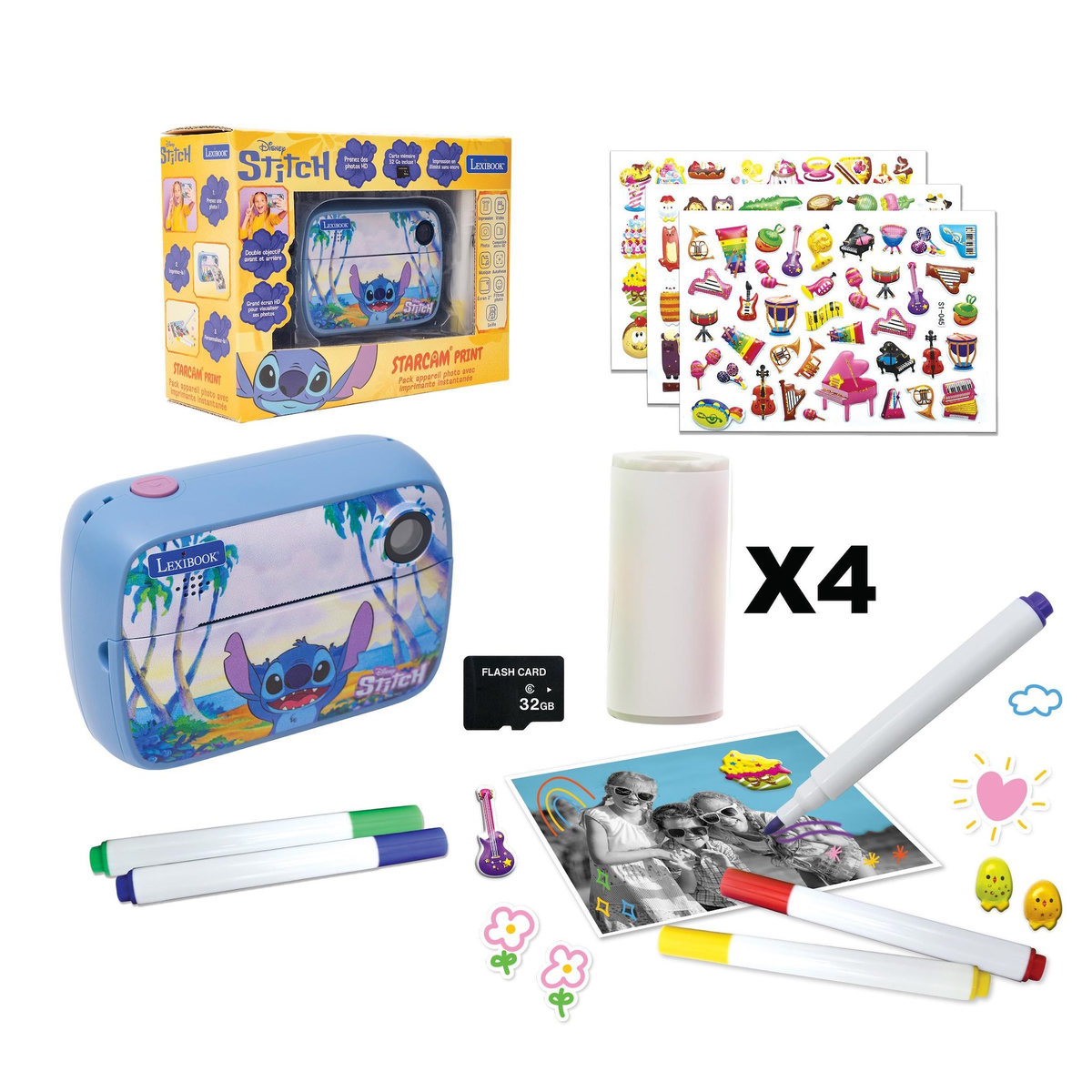 Lexibook Starcam® Print Disney Stitch, pack appareil photo numérique HD avec imprimante instantanée, carte SD et kit de personnalisation des photos