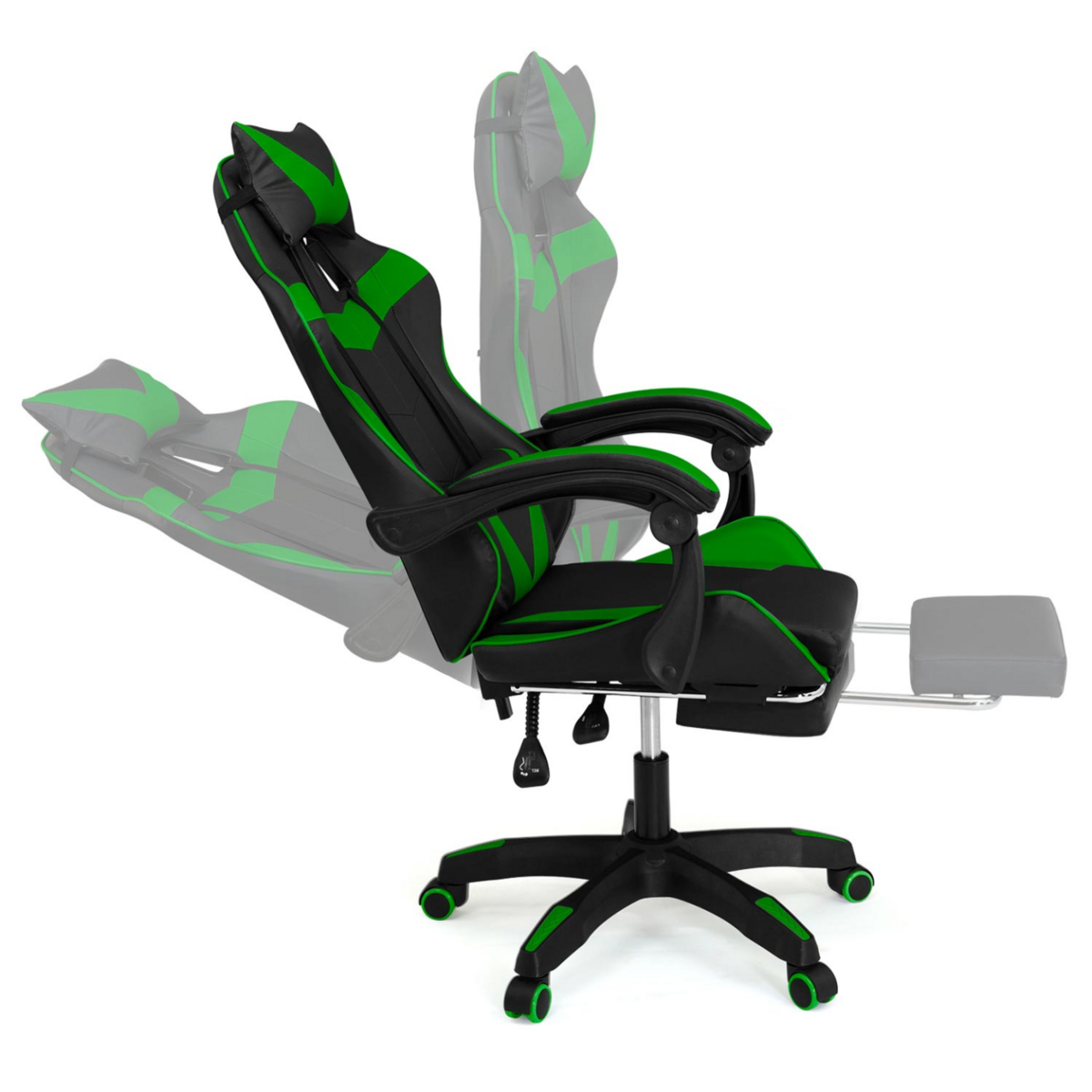 ID MARKET Fauteuil de gaming ALEX réglable avec repose-pied, coussin de tête et coussin lombaire noir et vert