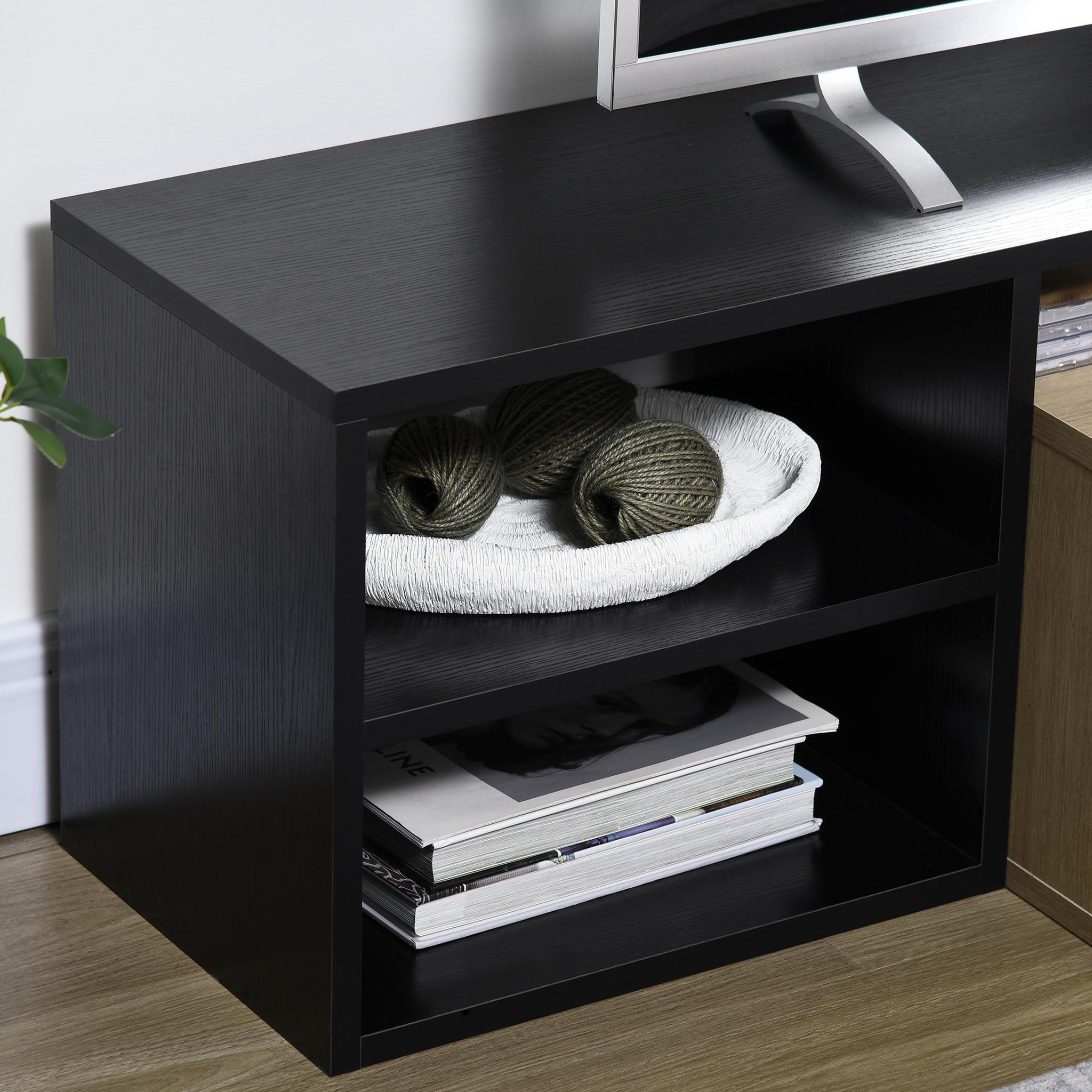 Voir la diapositive 6 : HOMCOM Meuble TV réversible design contemporain porte abattante 2 compartiments 4 niches MDF aspect chêne clair noir