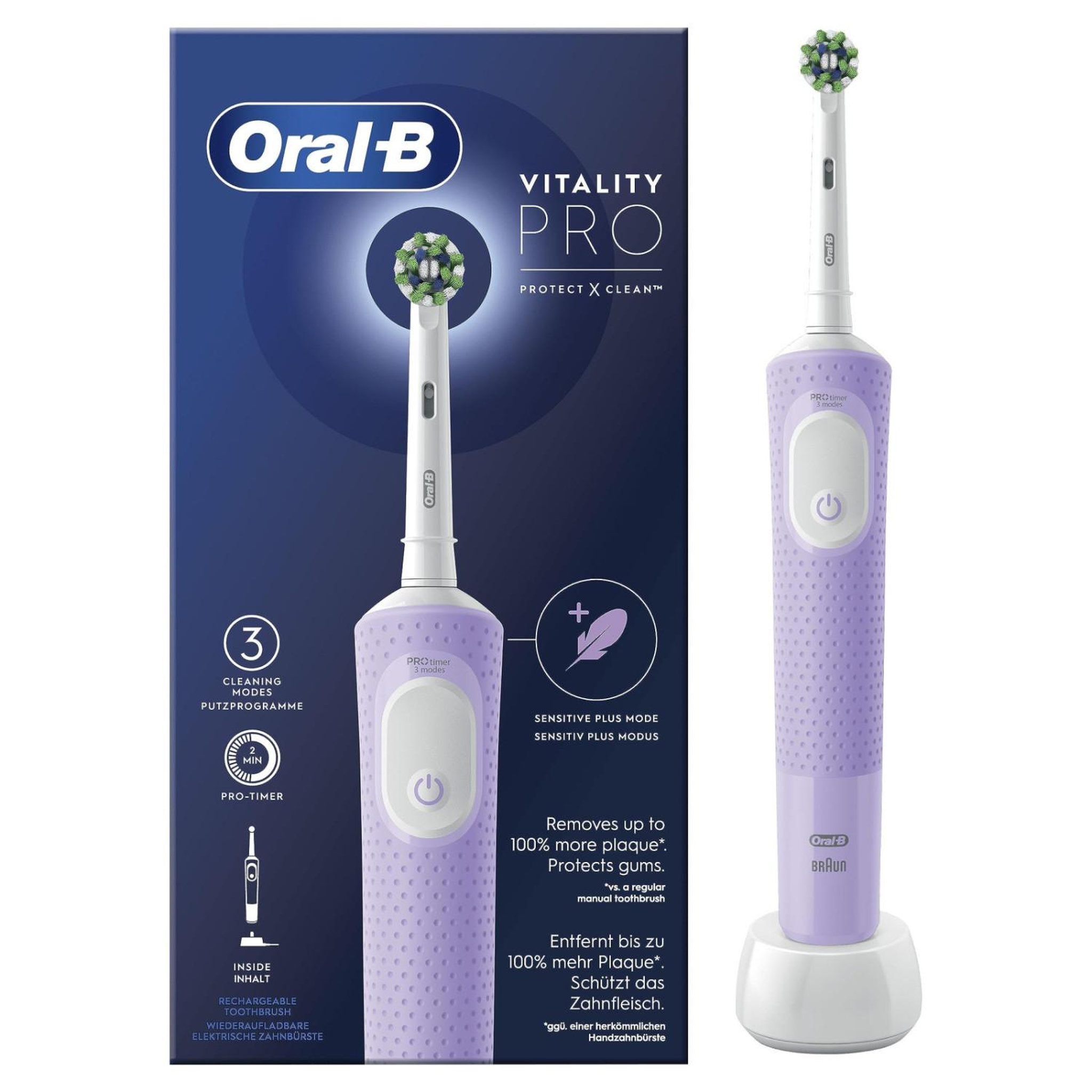 ORAL B Oral-b vitality pro brosse à dents électrique rechargeable, 3 modes, capteur de pression, minuteur 2 min, autonomie 8 jours, violet