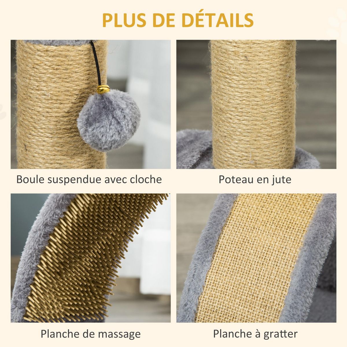 PAWHUT Arbre à chat griffoir grattoir design jeu boule suspendue + demi-arc de massage peluche jute naturelle gris
