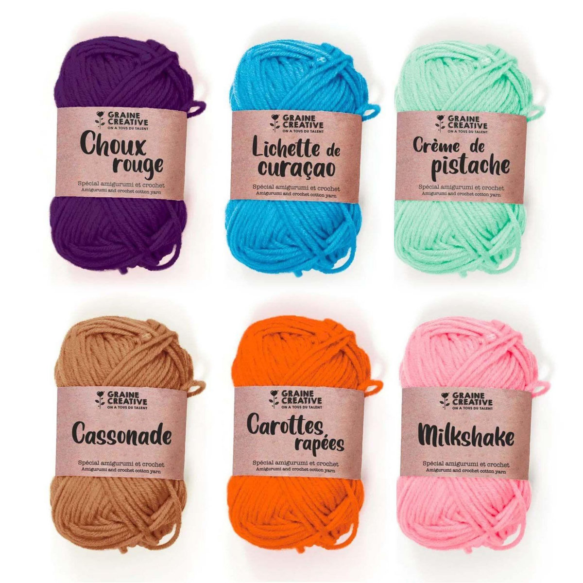 Graine créative 6 fils de coton spécial crochet 55 m - rose-orange-camel-vert clair-turquoise-violet