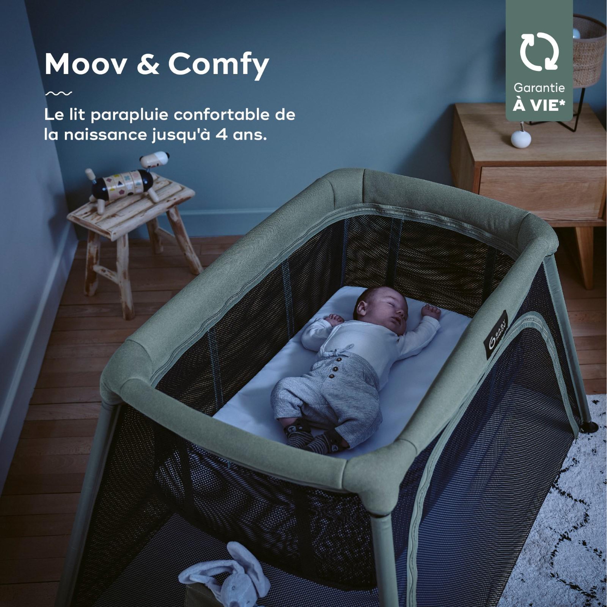 Voir la diapositive 2 : BABYMOOV Lit parapluie 3-en-1 Moov and Comfy Babymoov - Evolutif - 2 niveaux