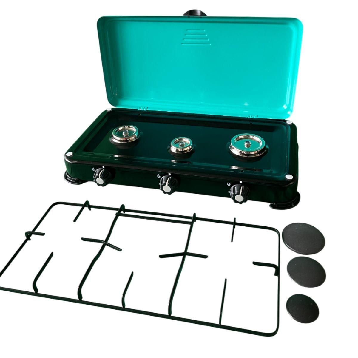 INTEC Réchaud à gaz 3 feux 4100W Brûleurs et Grille en fonte amovibles lavables Plaque de Cuisson gaz Butane ou Propane GOLD III INTEC