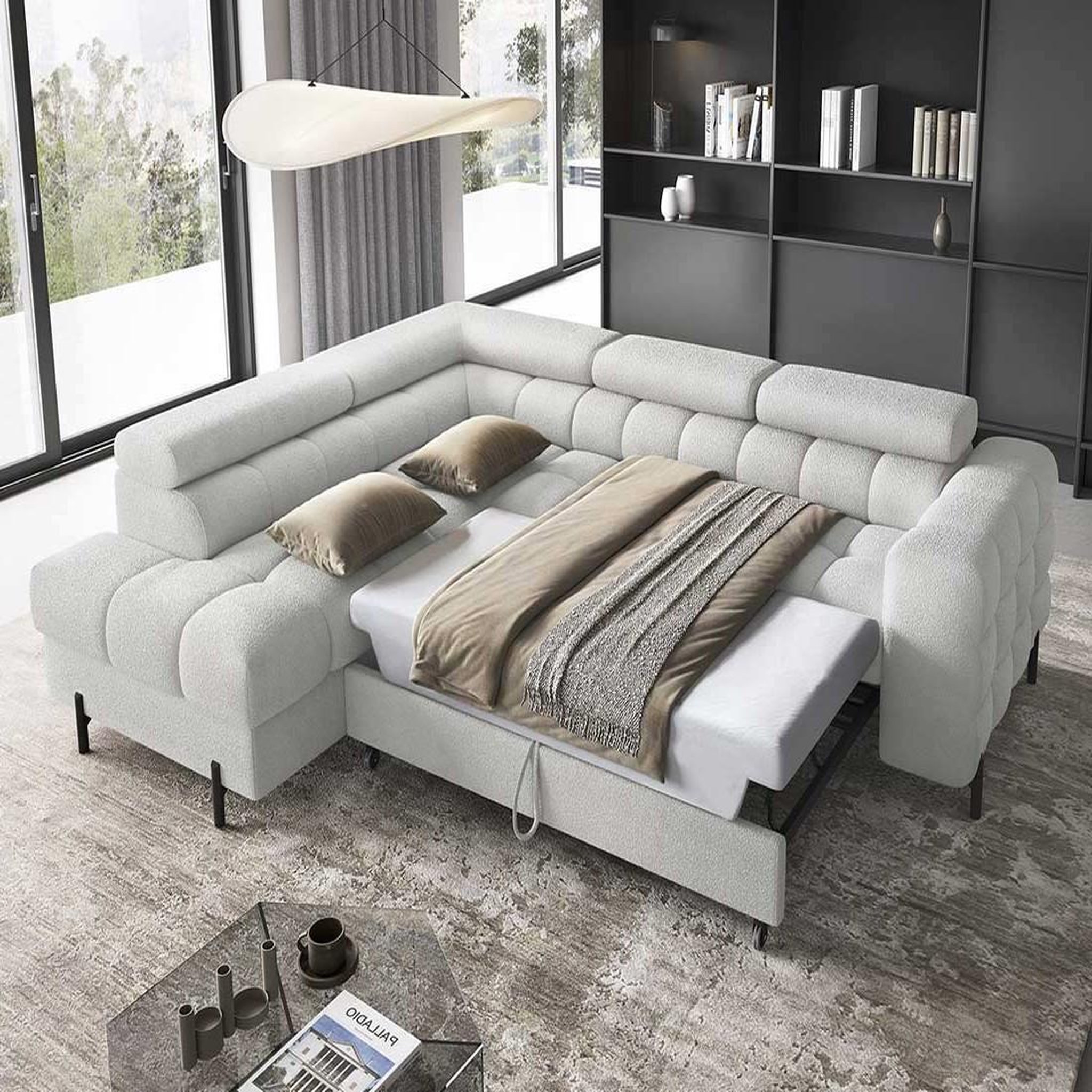 Voir la diapositive 2 : BEST MOBILIER Elisa - canapé d'angle gauche 5 places convertible avec coffre et têtières réglables en tissu bouclette