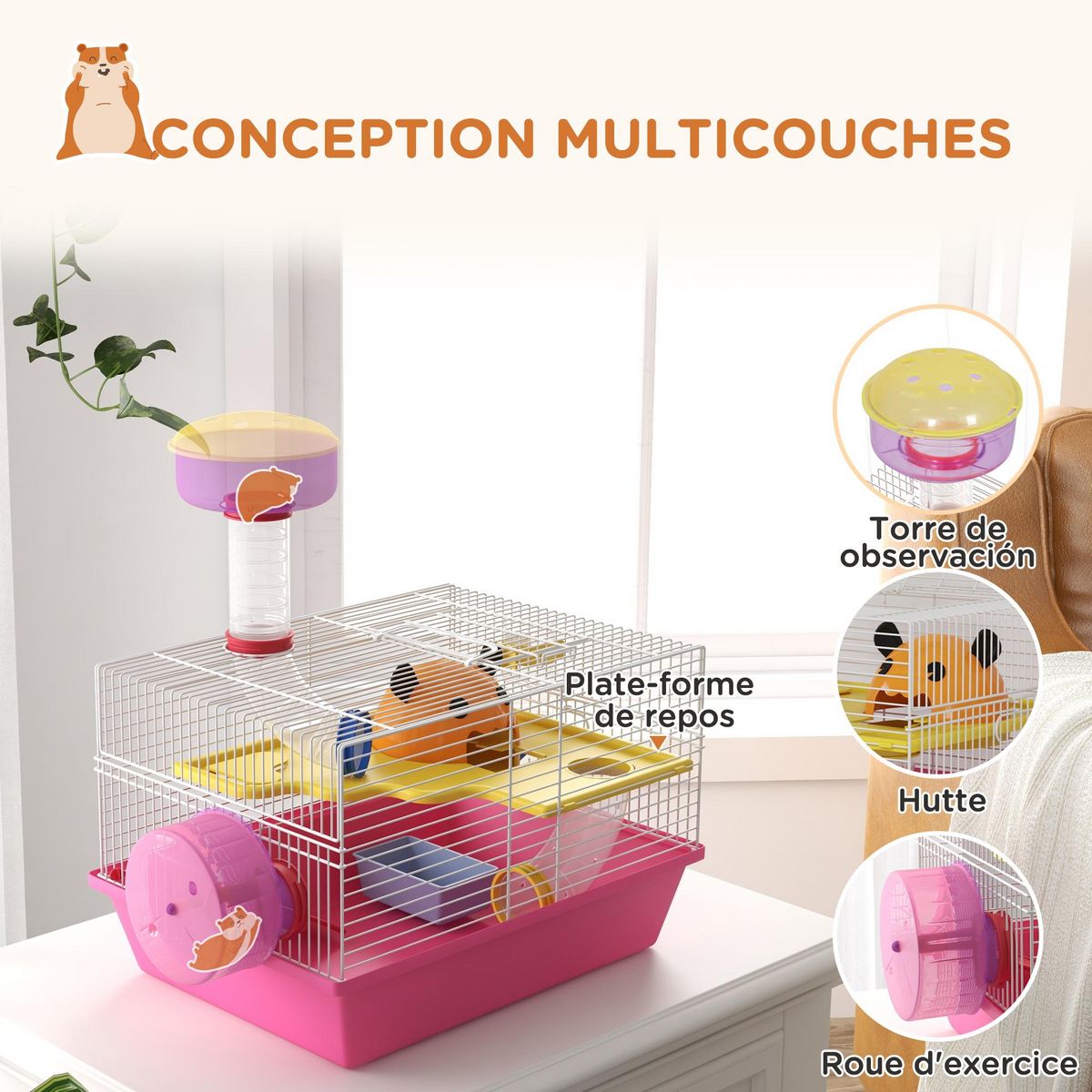 PAWHUT Cage à hamster rat rongeur - plateforme, biberon eau, roue, maisonnette, tubes - acier blanc PP rose