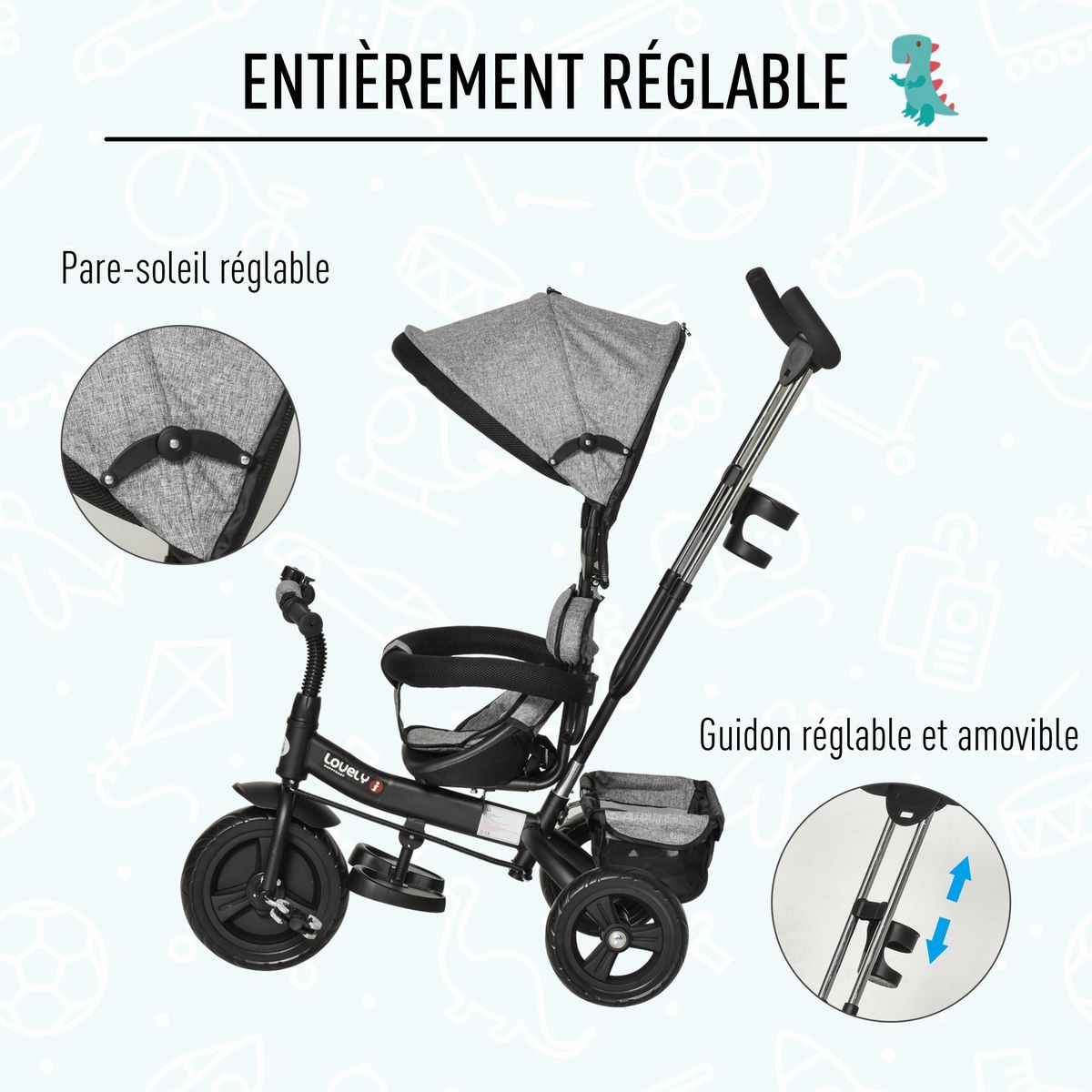 HOMCOM Tricycle enfant évolutif pare-soleil pliable canne  télescopique amovible 92 x 51 x 110 cm acier gris noir