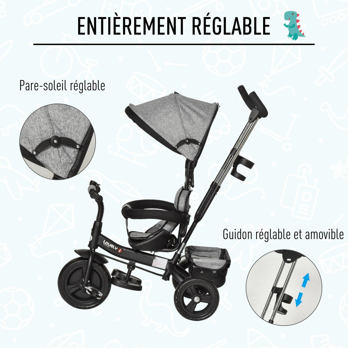 HOMCOM Tricycle enfant évolutif pare-soleil pliable canne  télescopique amovible 92 x 51 x 110 cm acier gris noir