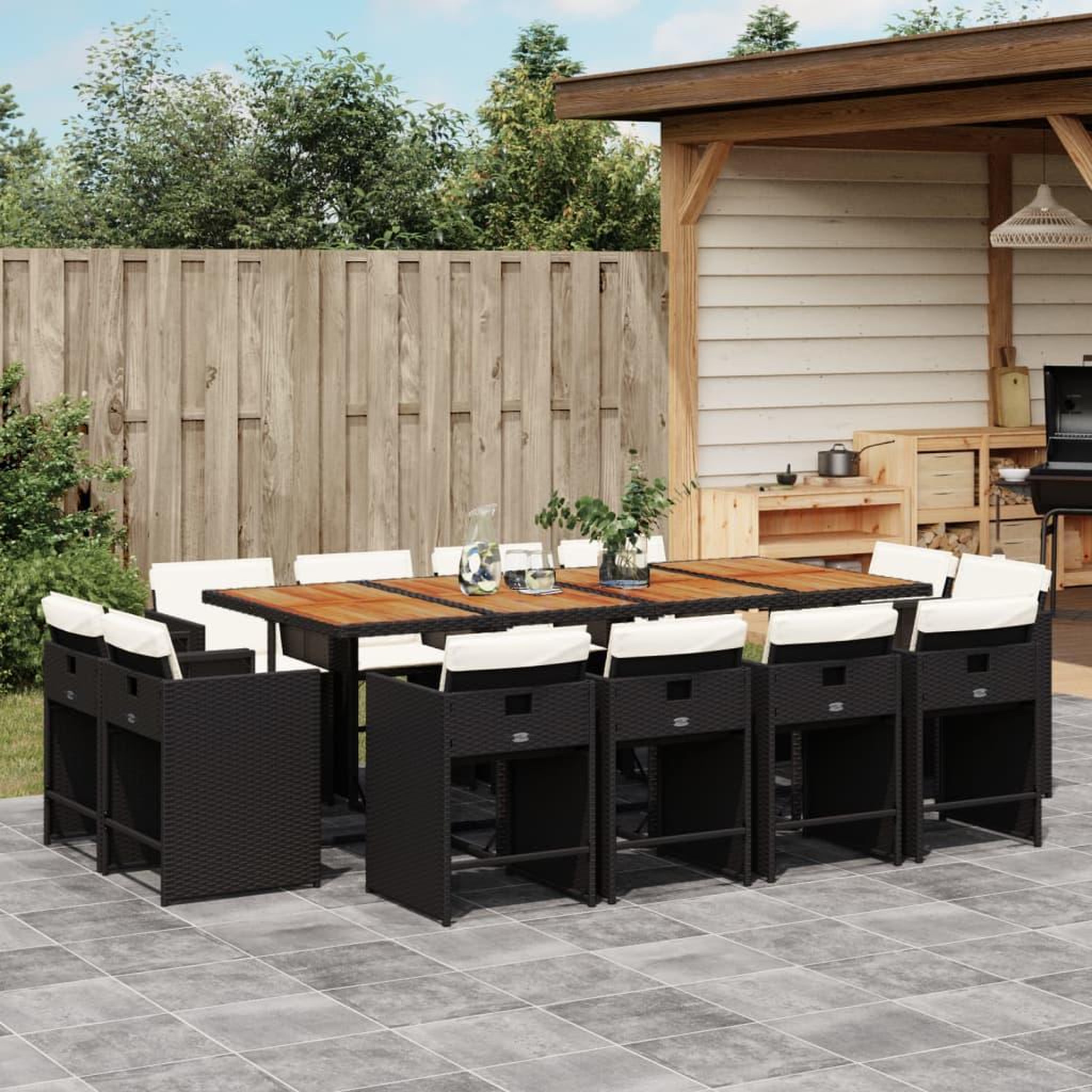 VIDAXL Ensemble a manger de jardin 13 pcs coussins noir resine tressee