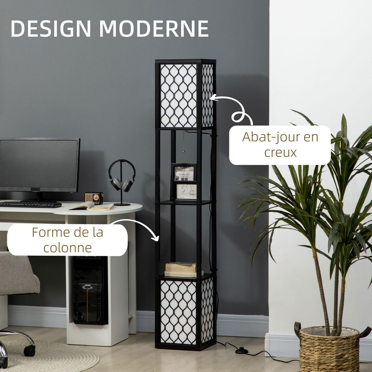 HOMCOM Lampadaire étagère lampe étagère dim. 26L x 26l x 156H cm 2 étagères MDF motif nid d'abeille noir