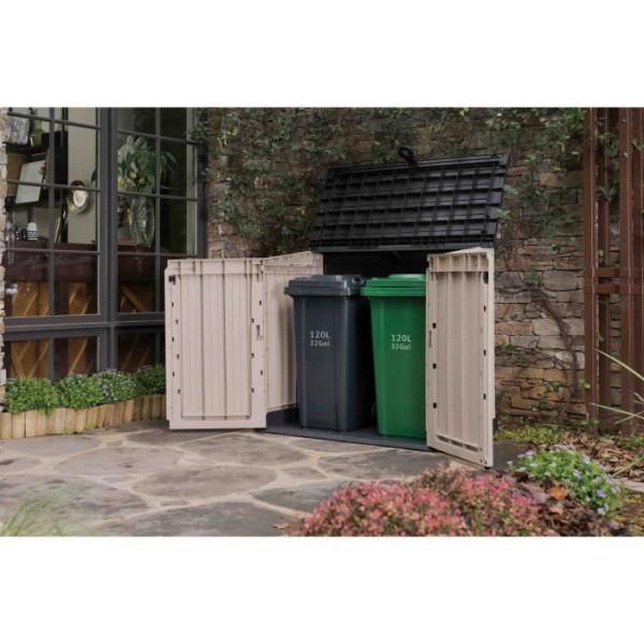 Voir la diapositive 2 : Keter Coffre de rangement extérieur KETER en résine 880 litres Beige et marron- Malle de jardin sans vérins