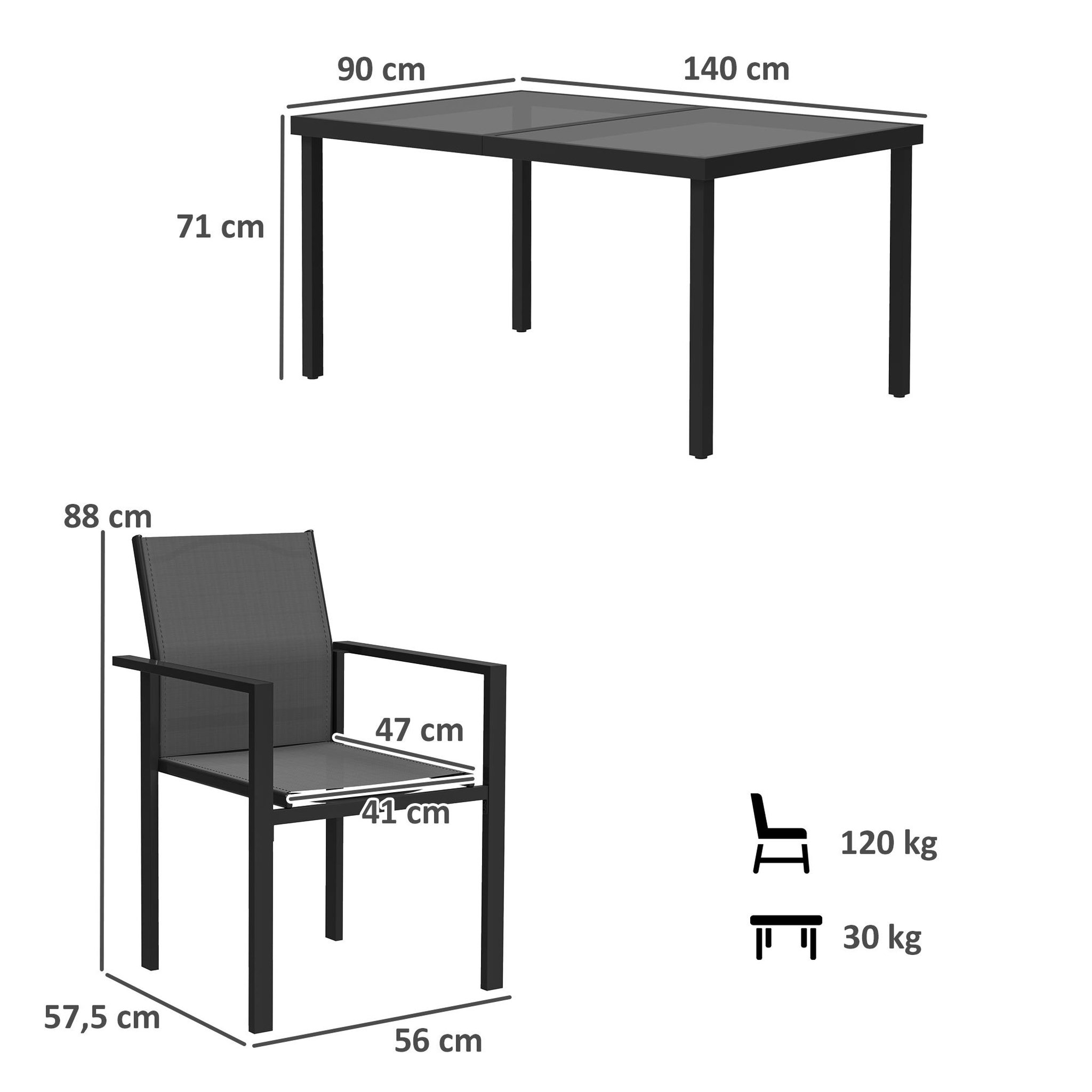 Voir la diapositive 3 : OUTSUNNY Ensemble table de jardin rectangulaire et 4 chaises empilables métal textliène verre trempé noir