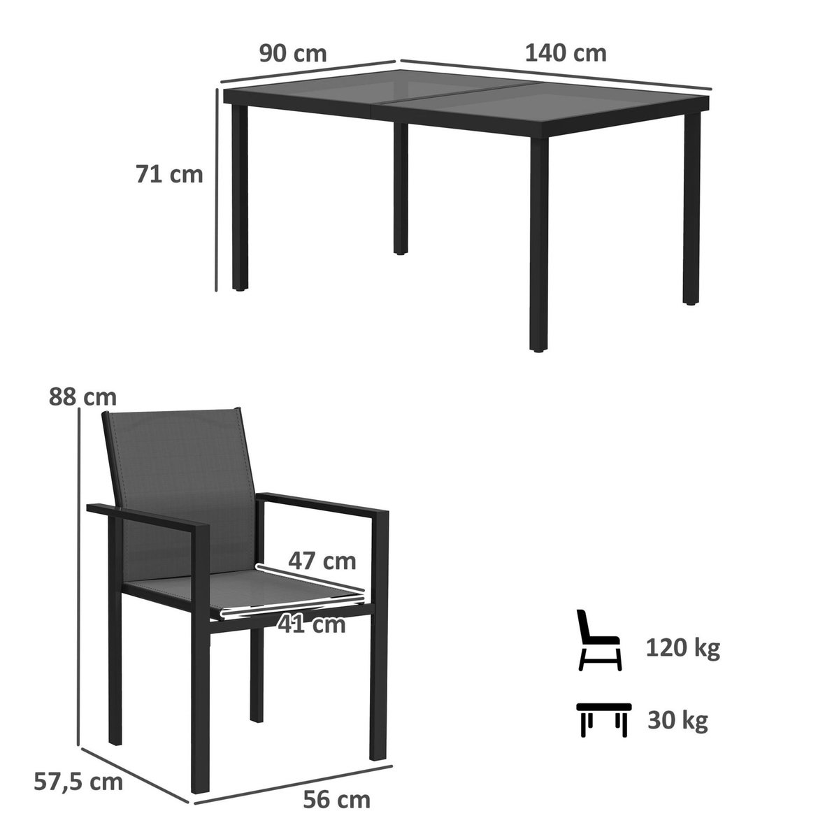 OUTSUNNY Ensemble table de jardin rectangulaire et 4 chaises empilables métal textliène verre trempé noir