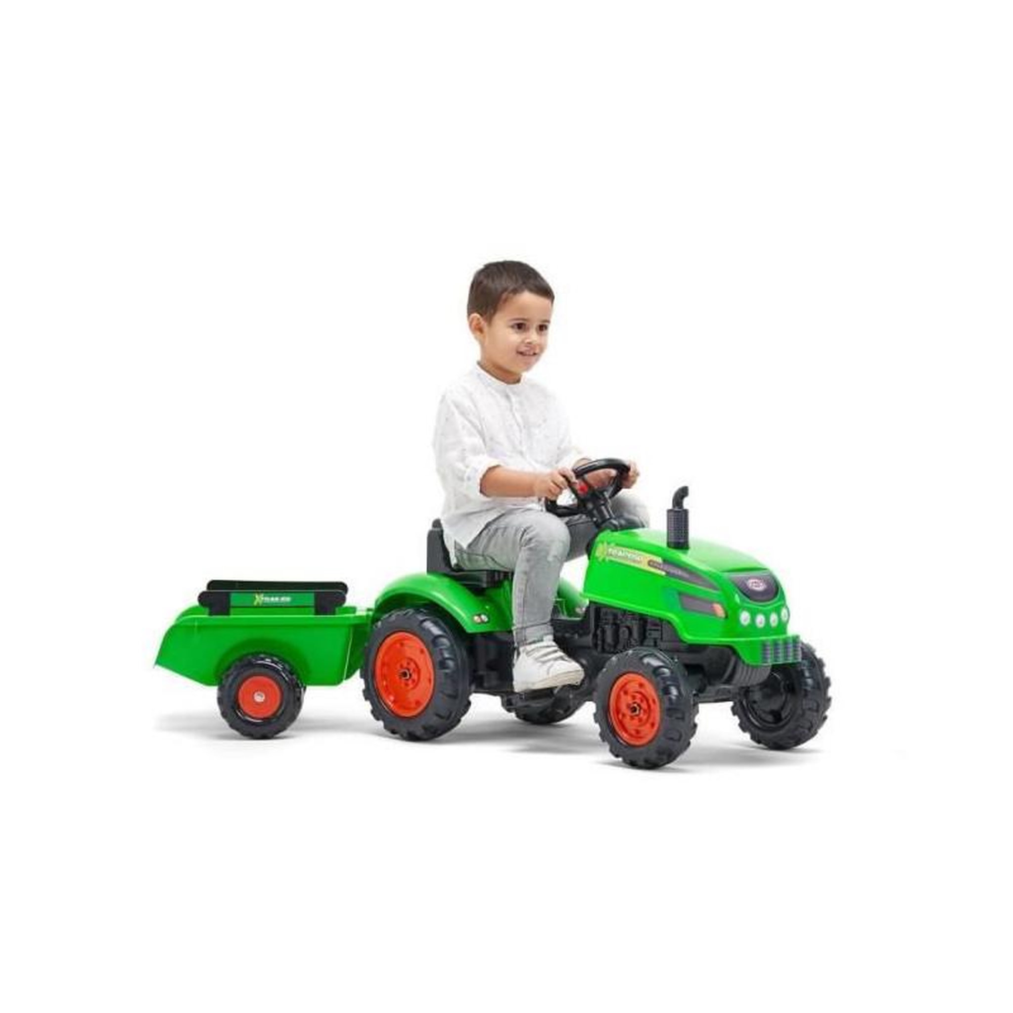Voir la diapositive 2 : FALK FALK - Tracteur a pedales X Tractor vert avec capot ouvrant et remorque inclus