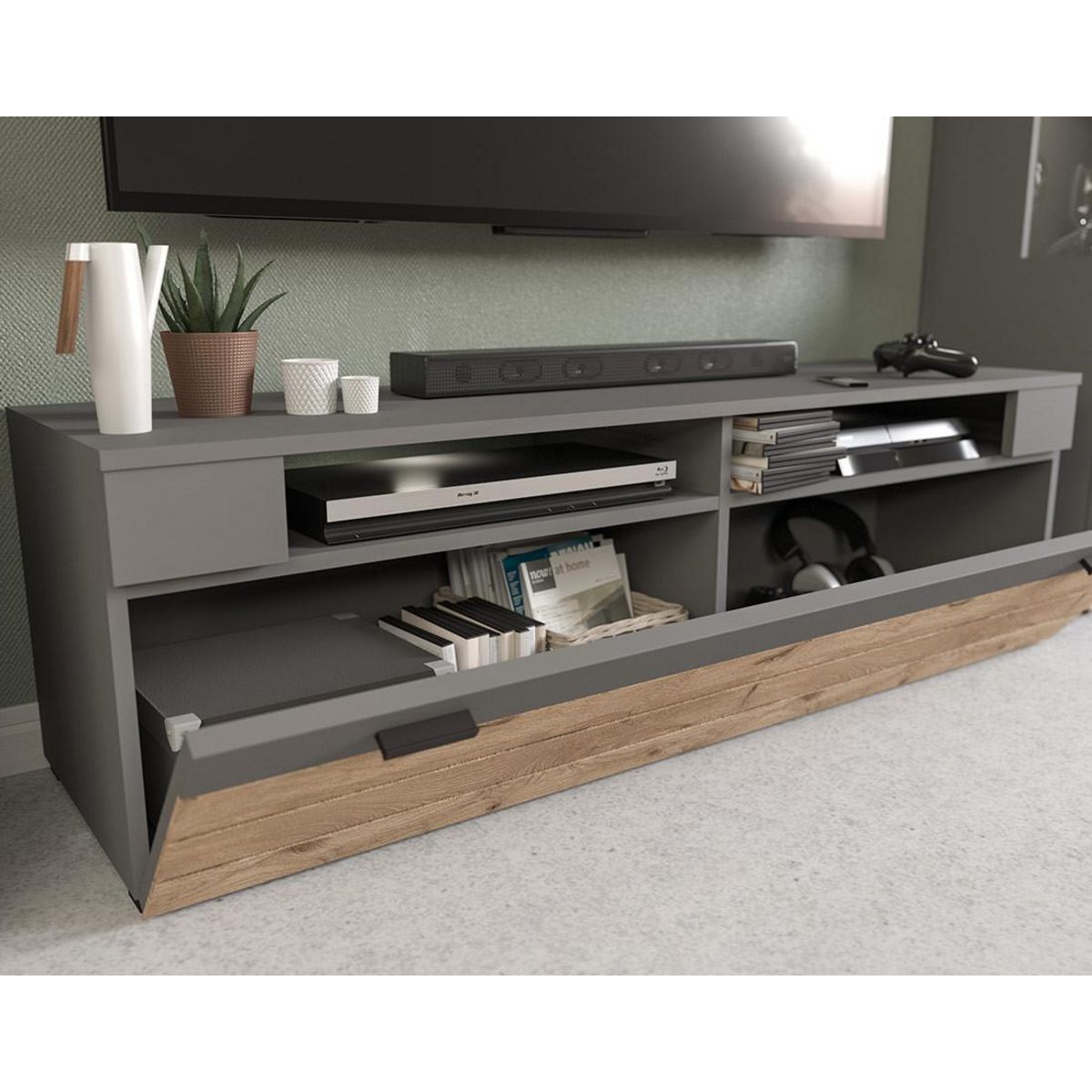 BEST MOBILIER Wexford - meuble tv - gris et effet bois - 1 porte - 140 cm