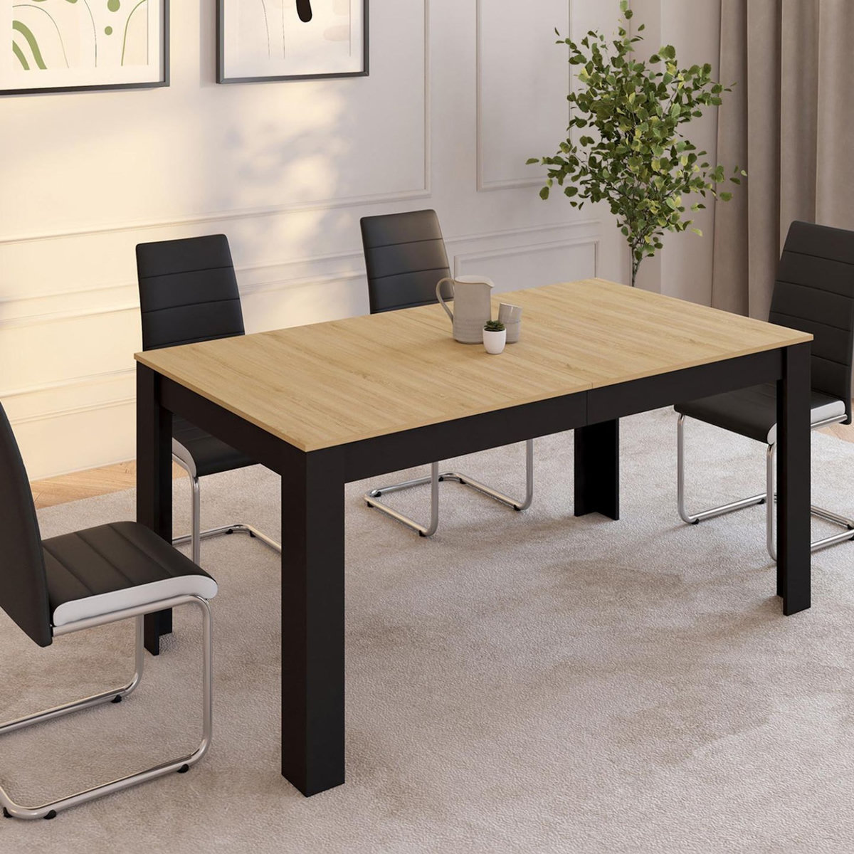 ID MARKET Table à manger rectangle ROZY 4-8 personnes noire plateau façon hêtre 160 - 200 cm