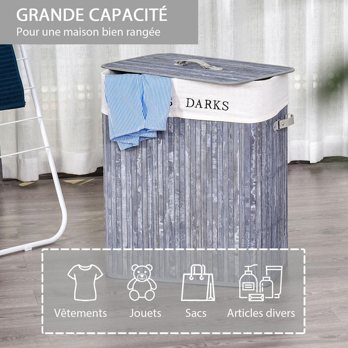 HOMCOM Panier à linge corbeille à linge 2 bacs bambou pliable couvercle poignée sac amovible en toile gris