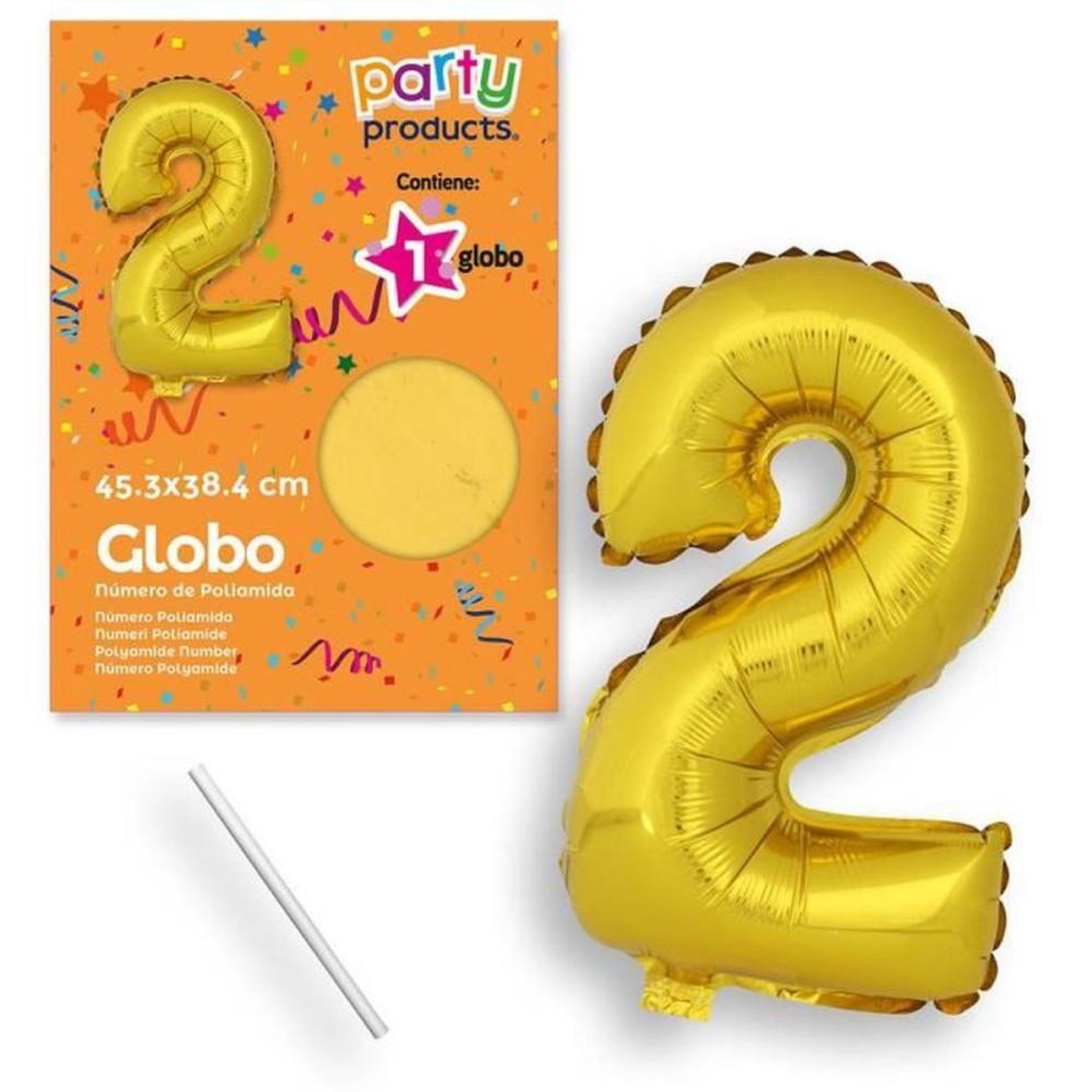 Ballon en feuille métallique décoratif Numéro 2 couleur or brillant, 45 x 39 cm, polyamide aluminisé, avec tube de gonflage