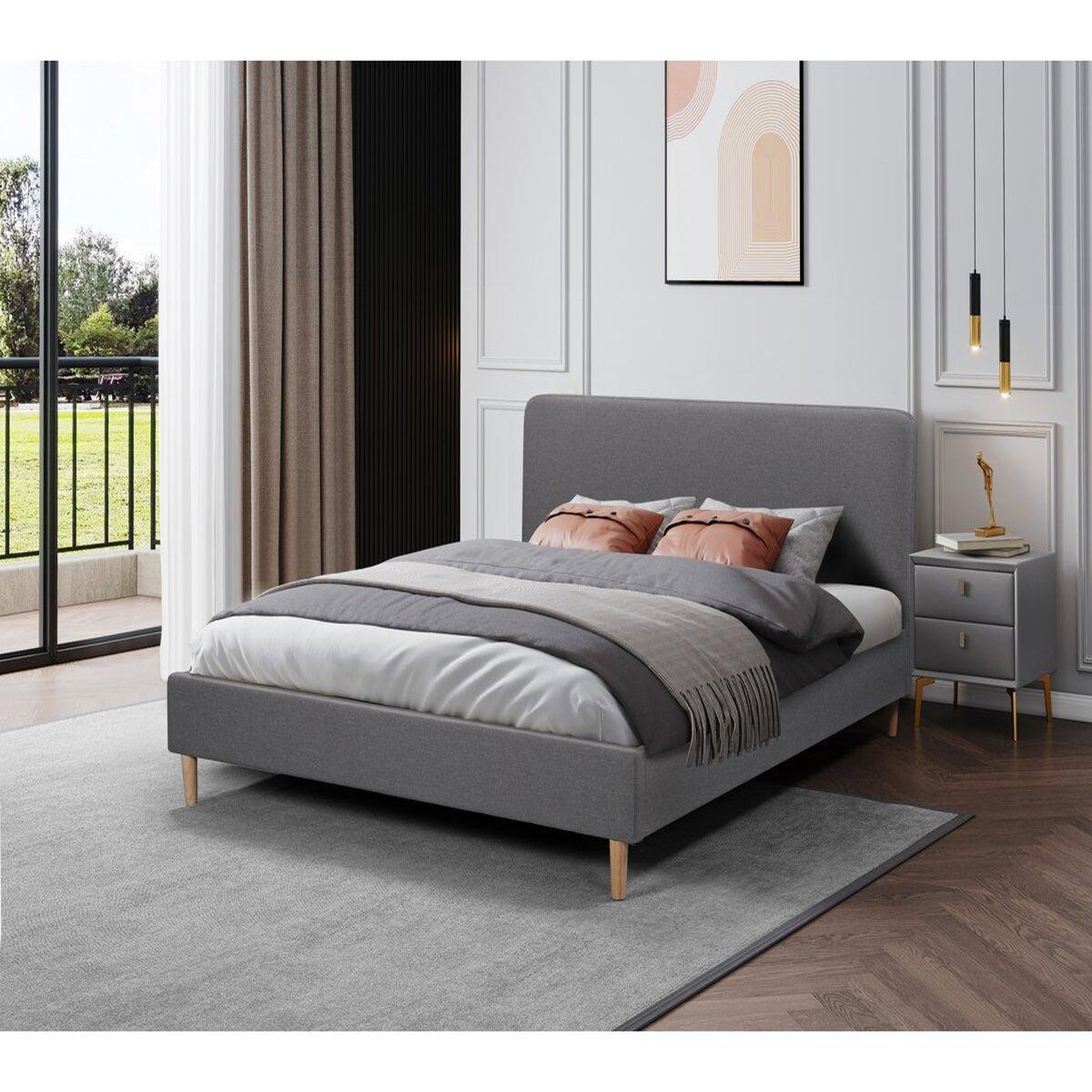 Voir la diapositive 2 : Habitat et Jardin Lit double en tissu  Louise  160 x 200 cm - Gris